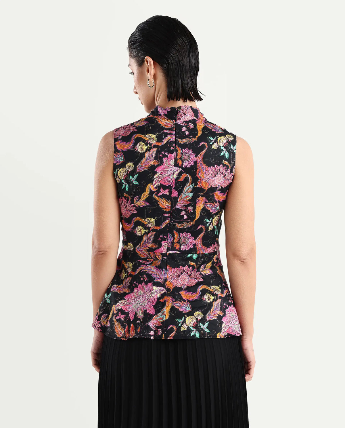 Rareism Women's Smitterg Dark Multi Cotton Blend Surplice Neck Abstract Print Sleeveless Regular Fit Top