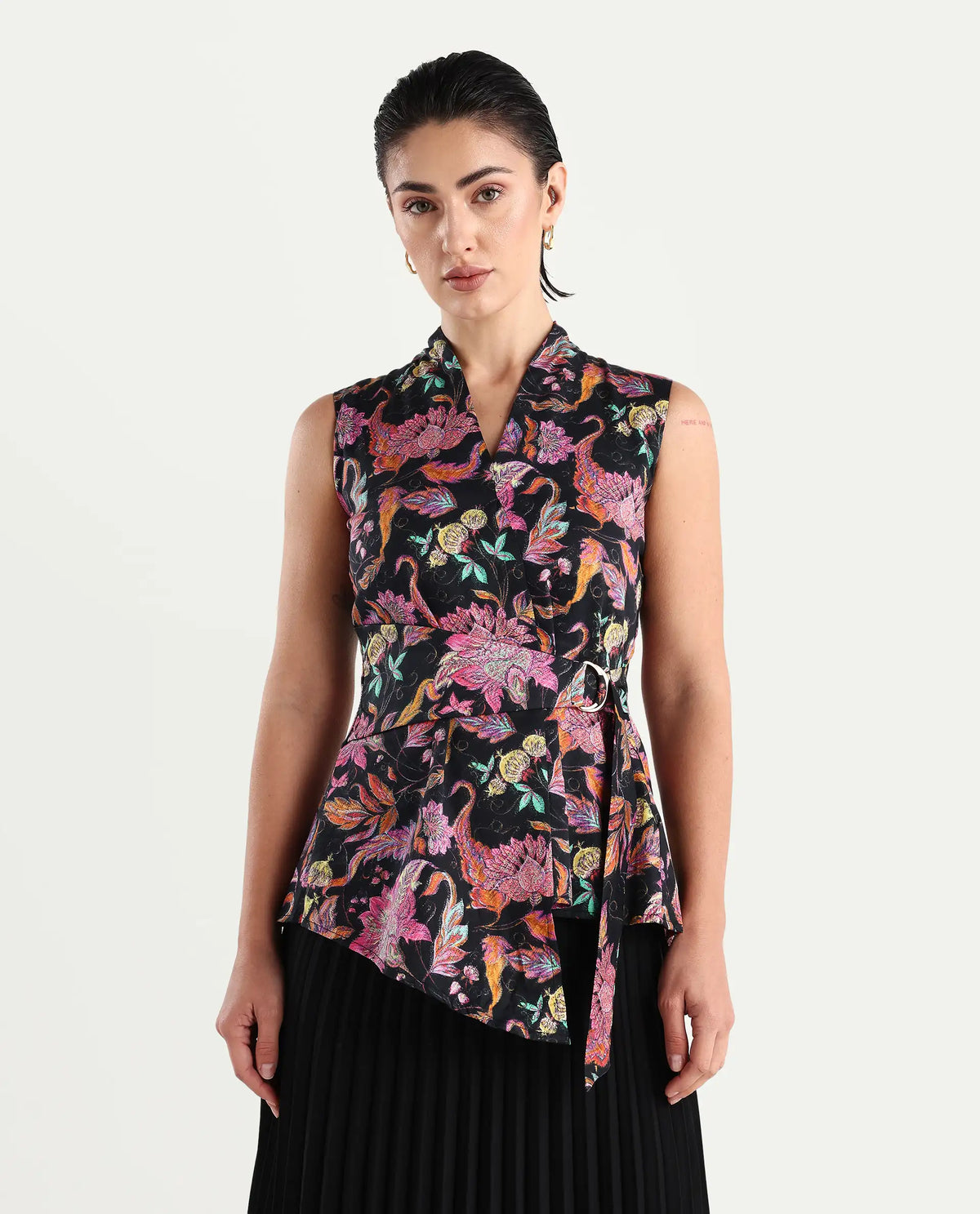 Rareism Women's Smitterg Dark Multi Cotton Blend Surplice Neck Abstract Print Sleeveless Regular Fit Top