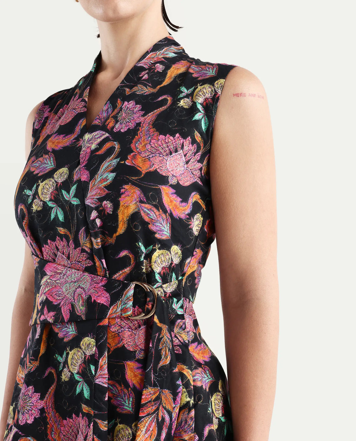 Rareism Women's Smitterg Dark Multi Cotton Blend Surplice Neck Abstract Print Sleeveless Regular Fit Top