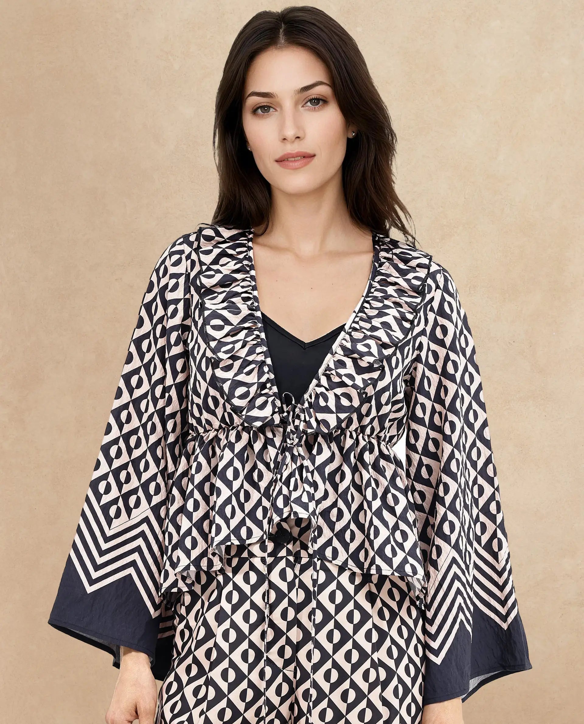 Rareism Women's Smor Black Viscose Blend Sweetheart Neck Geometric Print Bell Sleeve Regular Fit Top