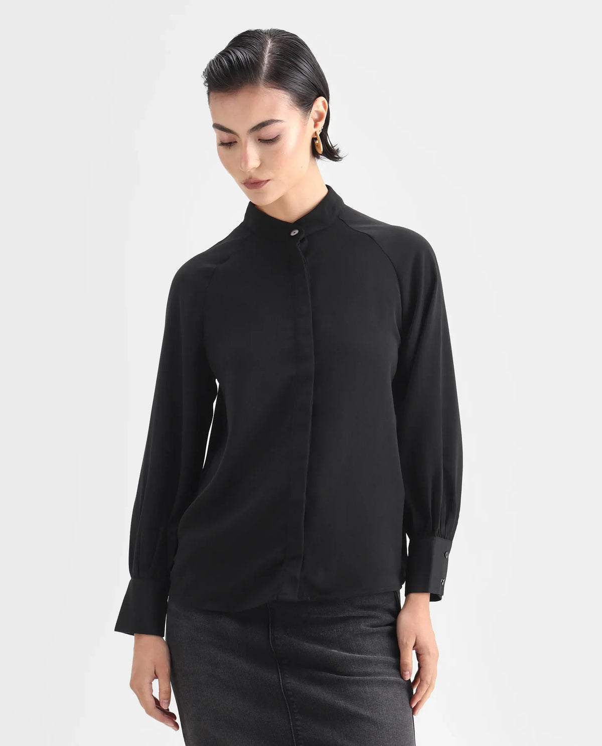 Rareism Women's Snera Black Polyester Blend Drop Collar Plain Cuffed Sleeve Regular Fit Top