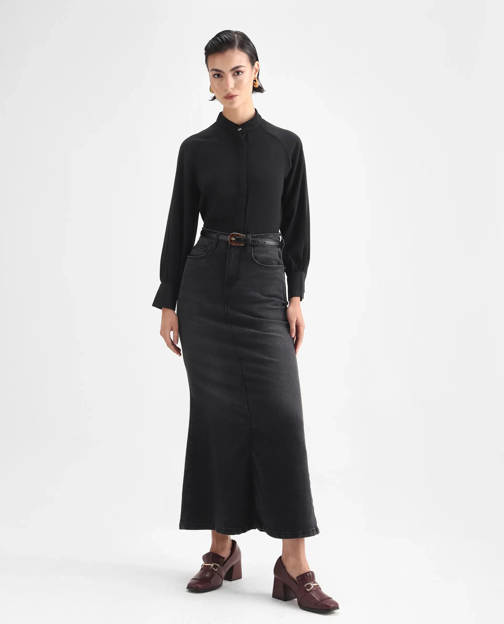 Rareism Women's Snera Black Polyester Blend Drop Collar Plain Cuffed Sleeve Regular Fit Top