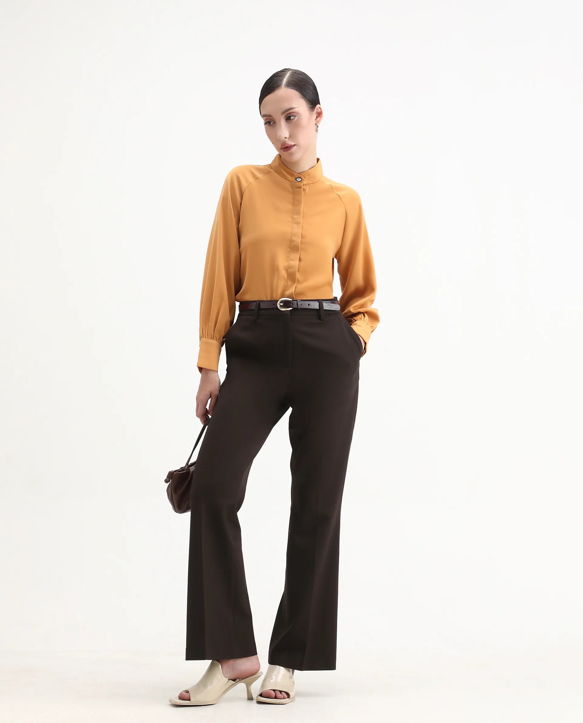 Rareism Women's Snera Yellow Polyester Blend Drop Collar Plain Cuffed Sleeve Regular Fit Top