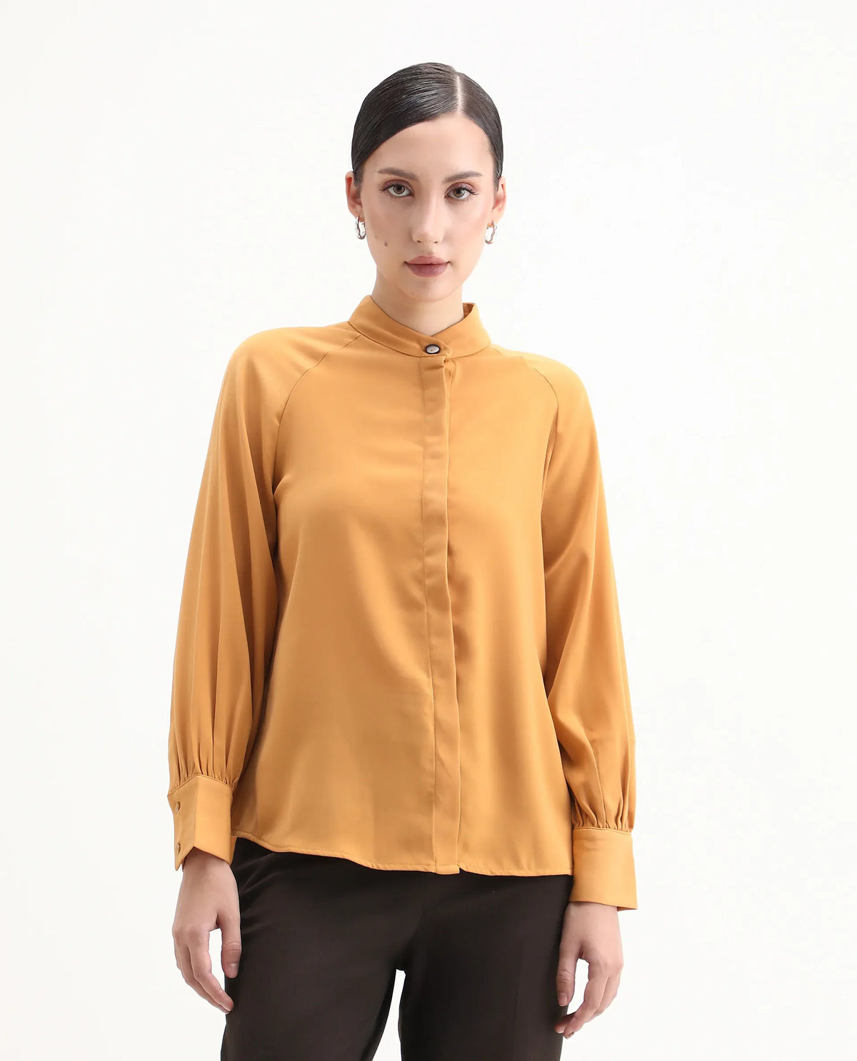 Rareism Women's Snera Yellow Polyester Blend Drop Collar Plain Cuffed Sleeve Regular Fit Top