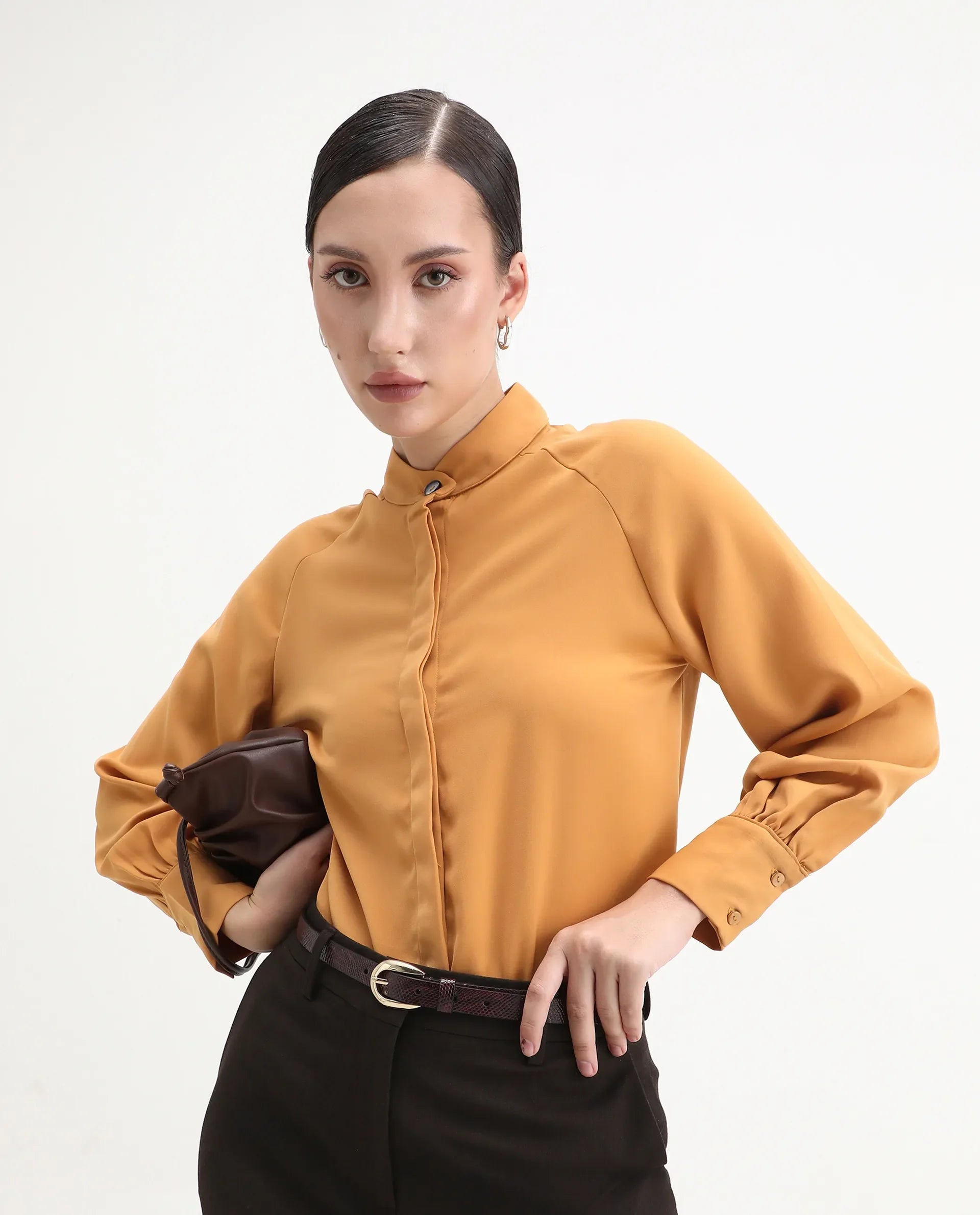 Rareism Women's Snera Yellow Polyester Blend Drop Collar Plain Cuffed Sleeve Regular Fit Top