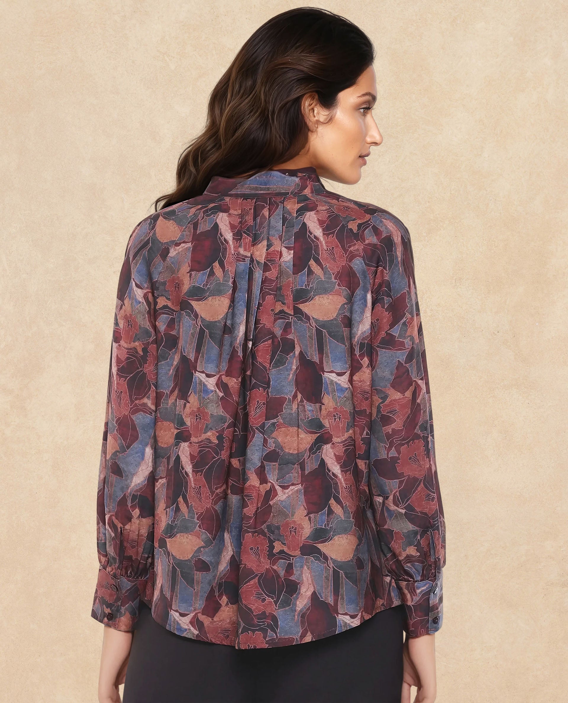 Rareism Women's Snery Dark Multi Polyester Spread Collar Floral Print Cuffed Sleeve Regular Fit Top