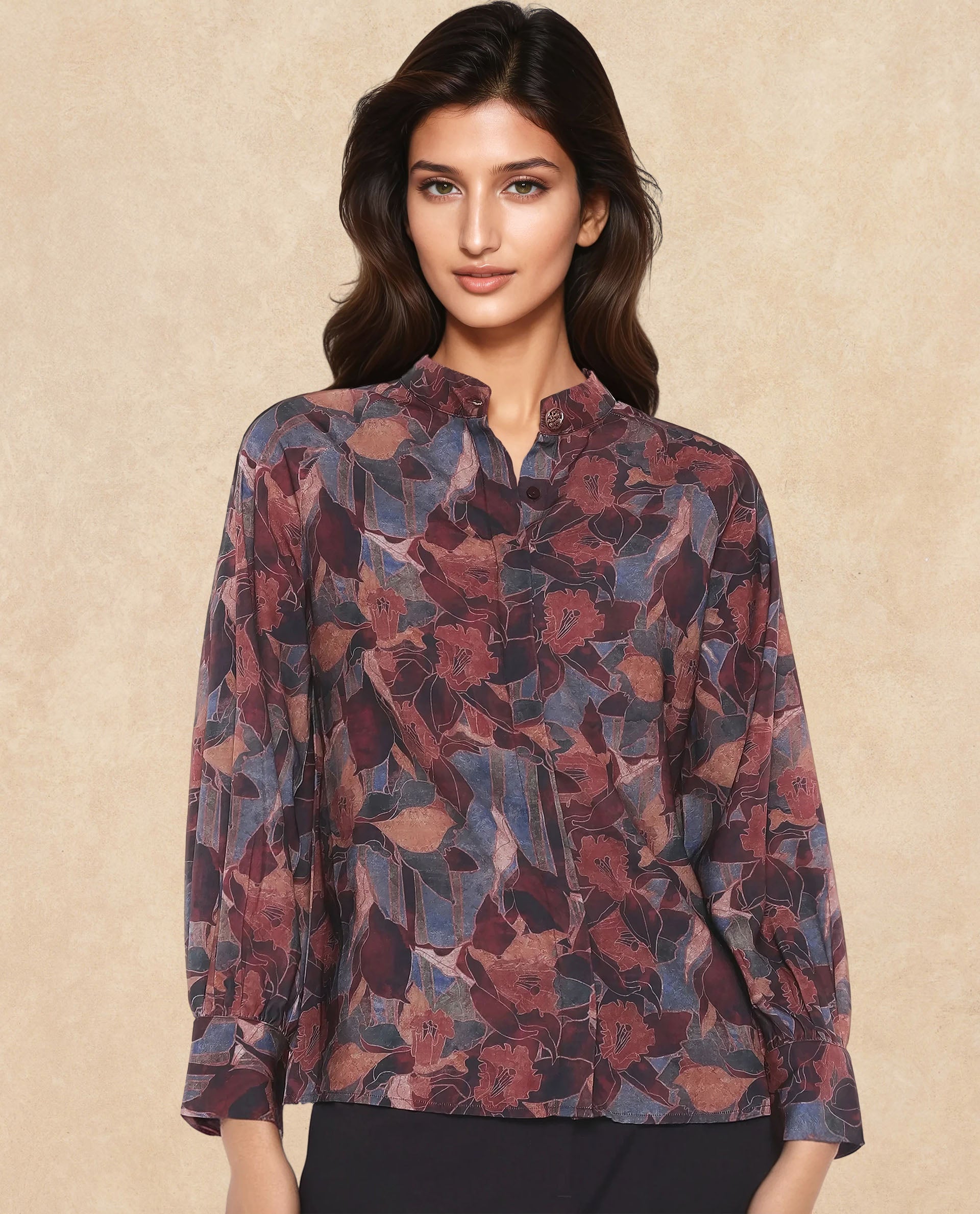 Rareism Women's Snery Dark Multi Polyester Spread Collar Floral Print Cuffed Sleeve Regular Fit Top