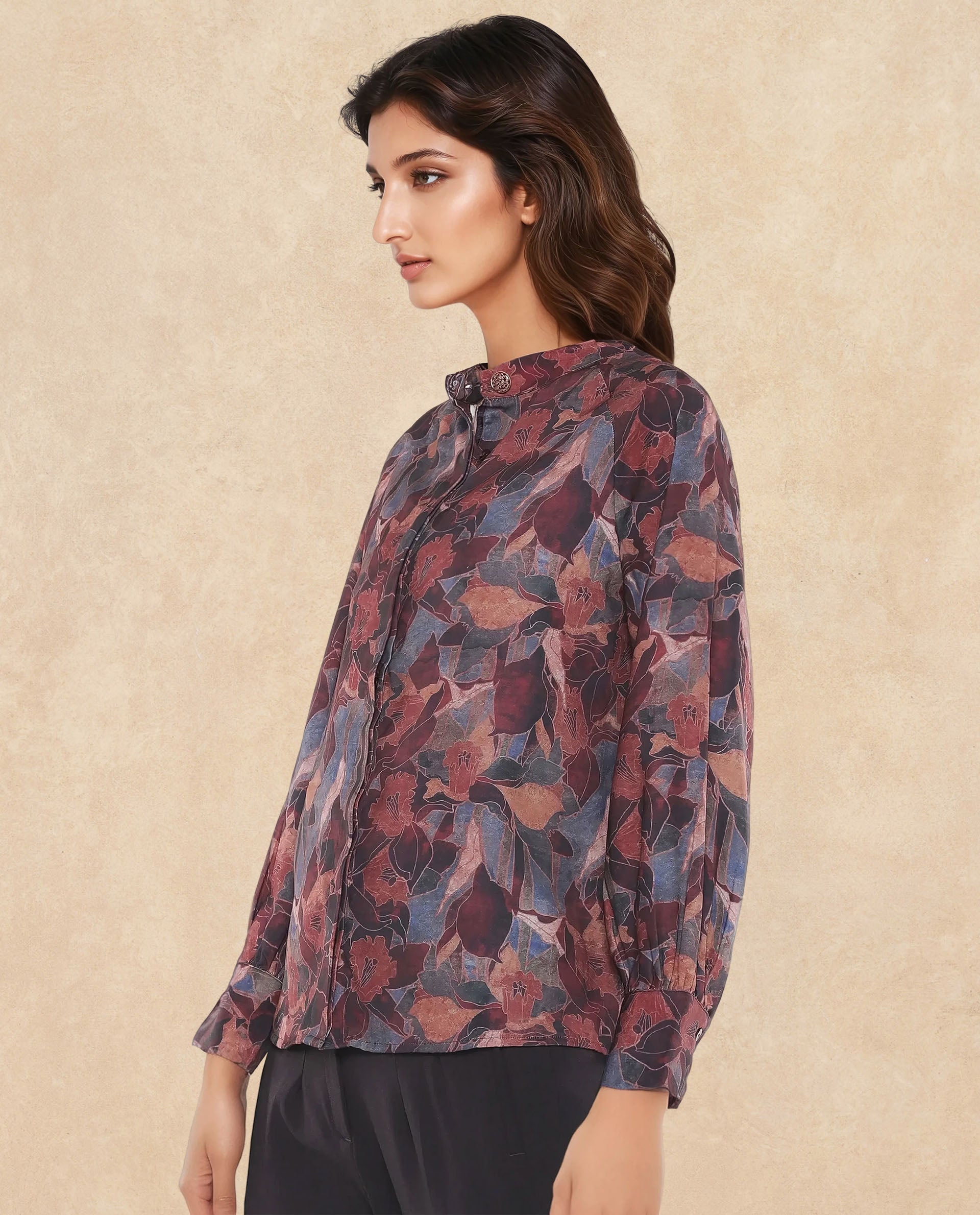 Rareism Women's Snery Dark Multi Polyester Spread Collar Floral Print Cuffed Sleeve Regular Fit Top