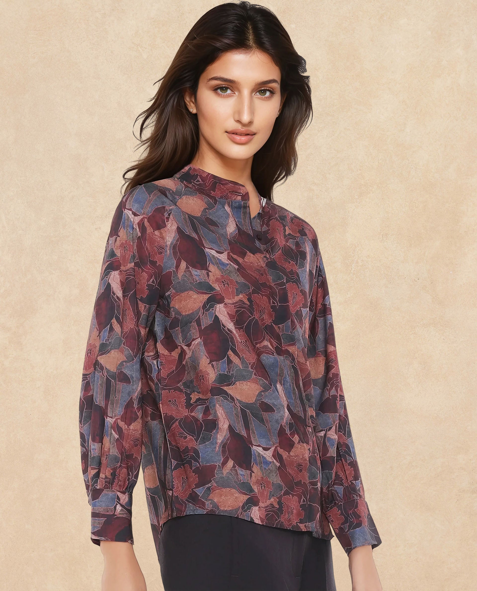 Rareism Women's Snery Dark Multi Polyester Spread Collar Floral Print Cuffed Sleeve Regular Fit Top