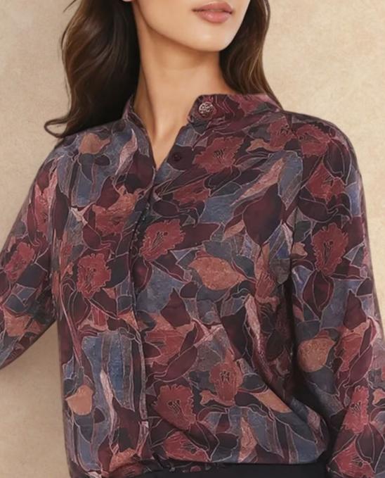 Rareism Women's Snery Dark Multi Polyester Spread Collar Floral Print Cuffed Sleeve Regular Fit Top