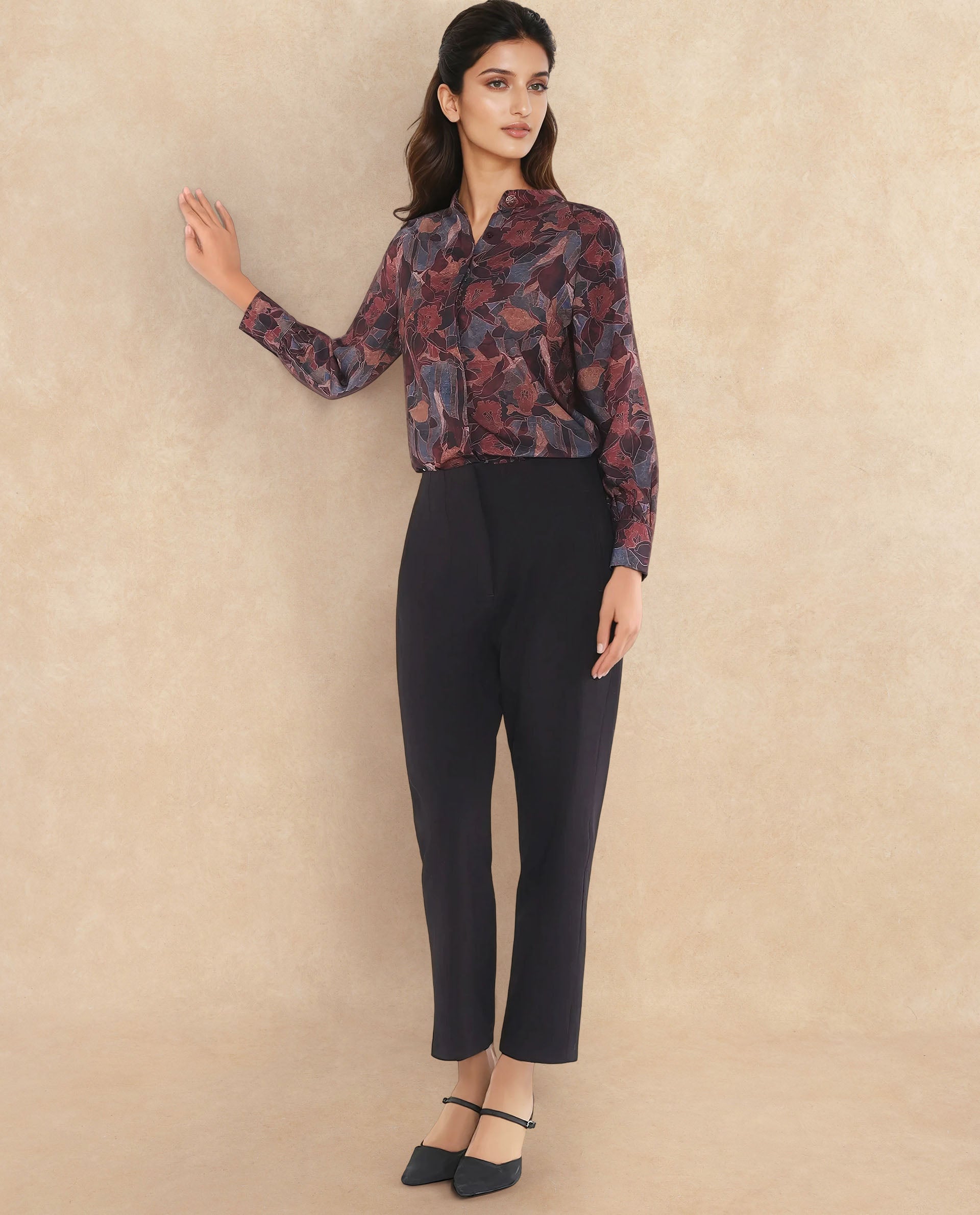 Rareism Women's Snery Dark Multi Polyester Spread Collar Floral Print Cuffed Sleeve Regular Fit Top
