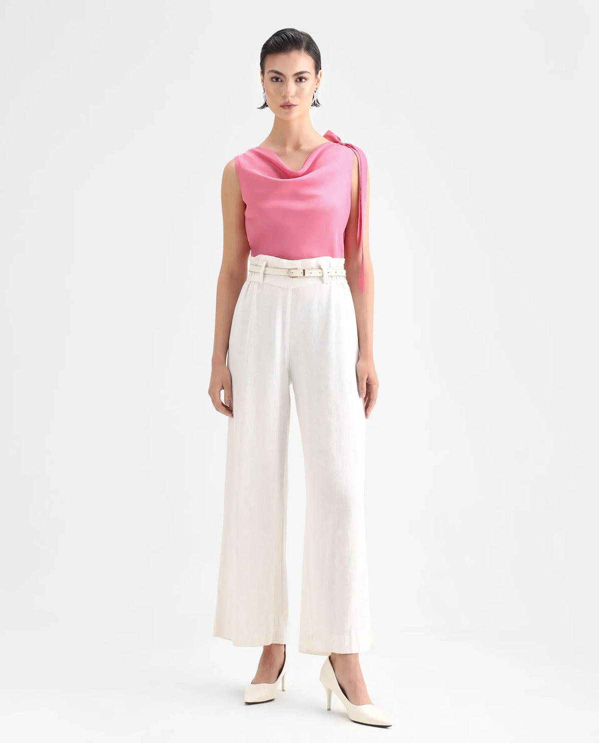 Rareism Women's Snicketti Pink Satin Cowl Neck Plain Sleeveless Regular Fit Top