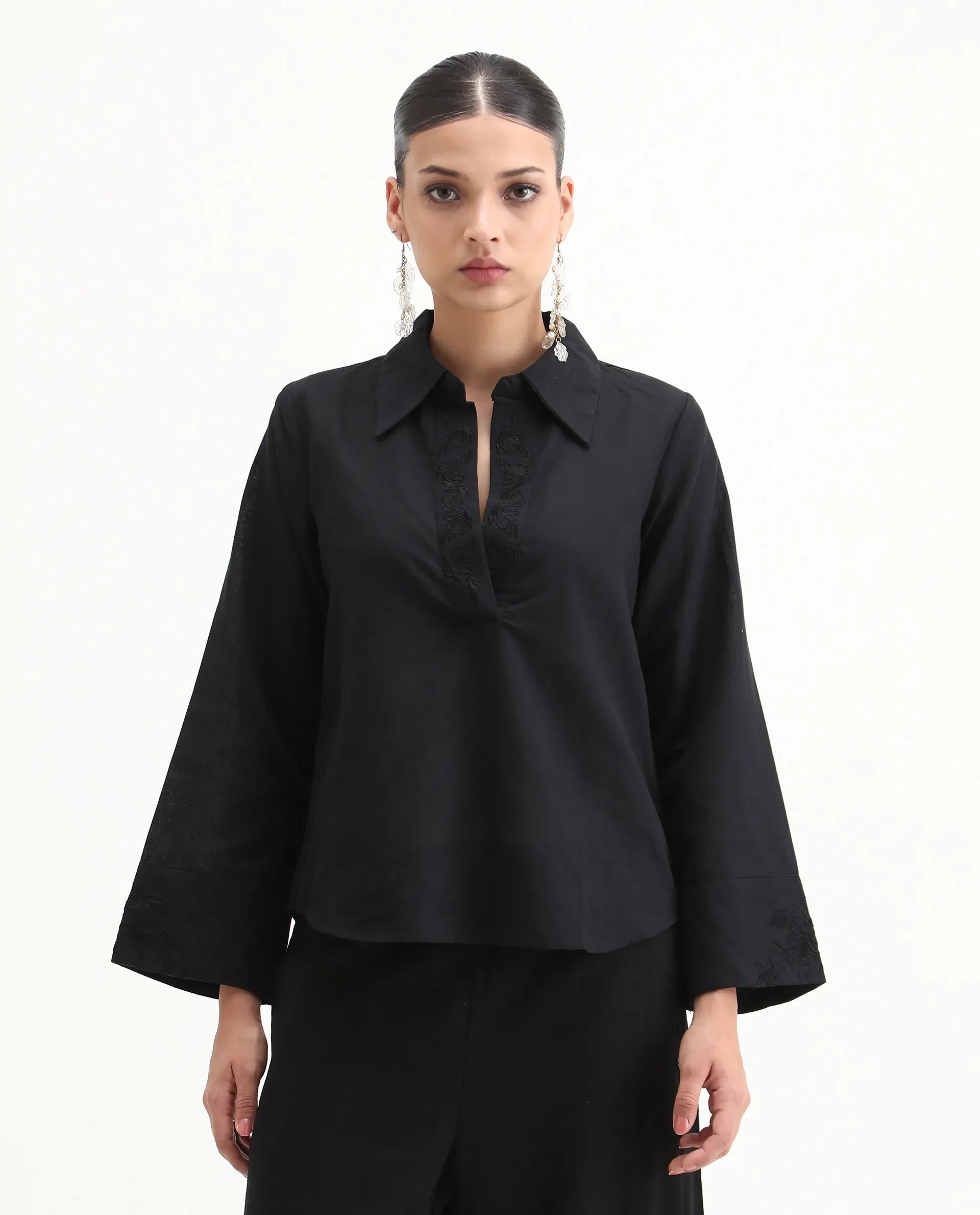 Rareism Women's Sofian Black Cotton Blend Drop Collar Plain Bell Sleeve Relaxed Fit Top