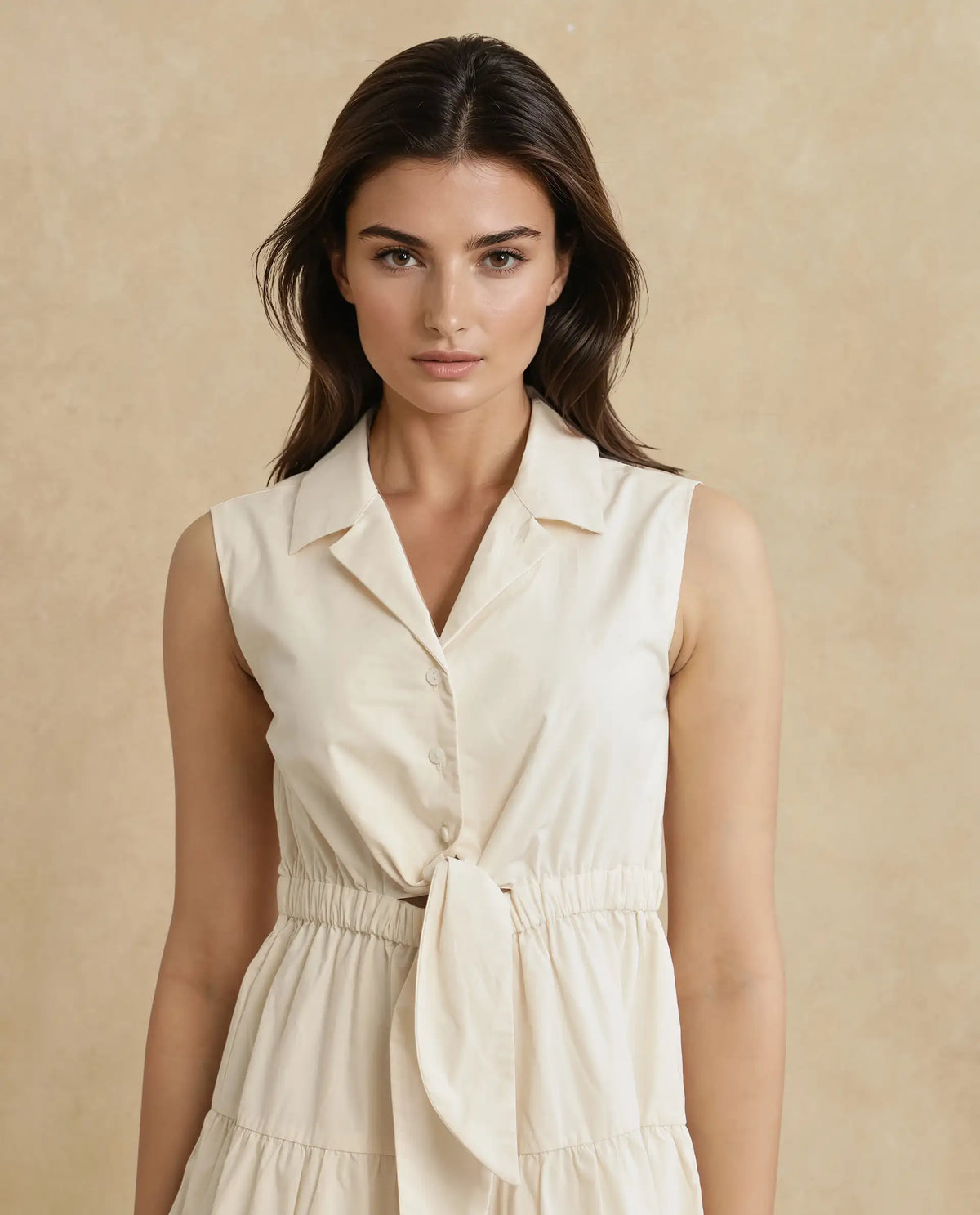 Rareism Women Somaka Beige Cotton Fabric Sleeveless Collared Neck Button Closure Fit And Flare Mini Plain Dress