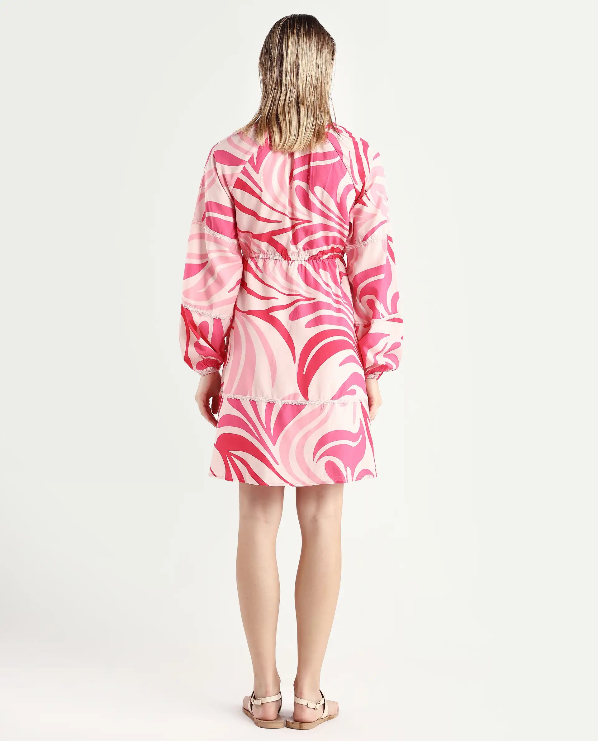 Rareism Women's Somalin Multi Viscose Mandarin Collar Abstract Print Raglan Sleeve Mini Fit And Flare Dress