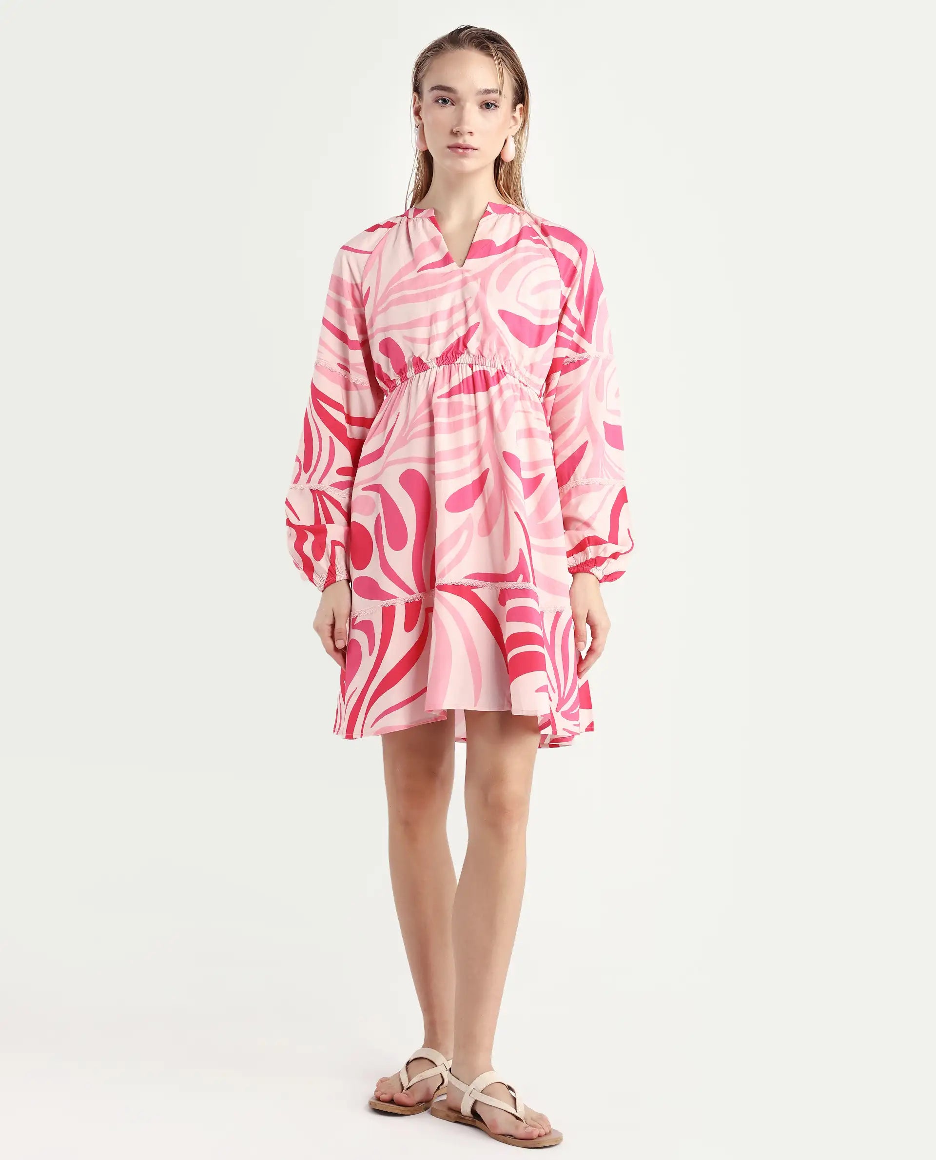 Rareism Women's Somalin Multi Viscose Mandarin Collar Abstract Print Raglan Sleeve Mini Fit And Flare Dress