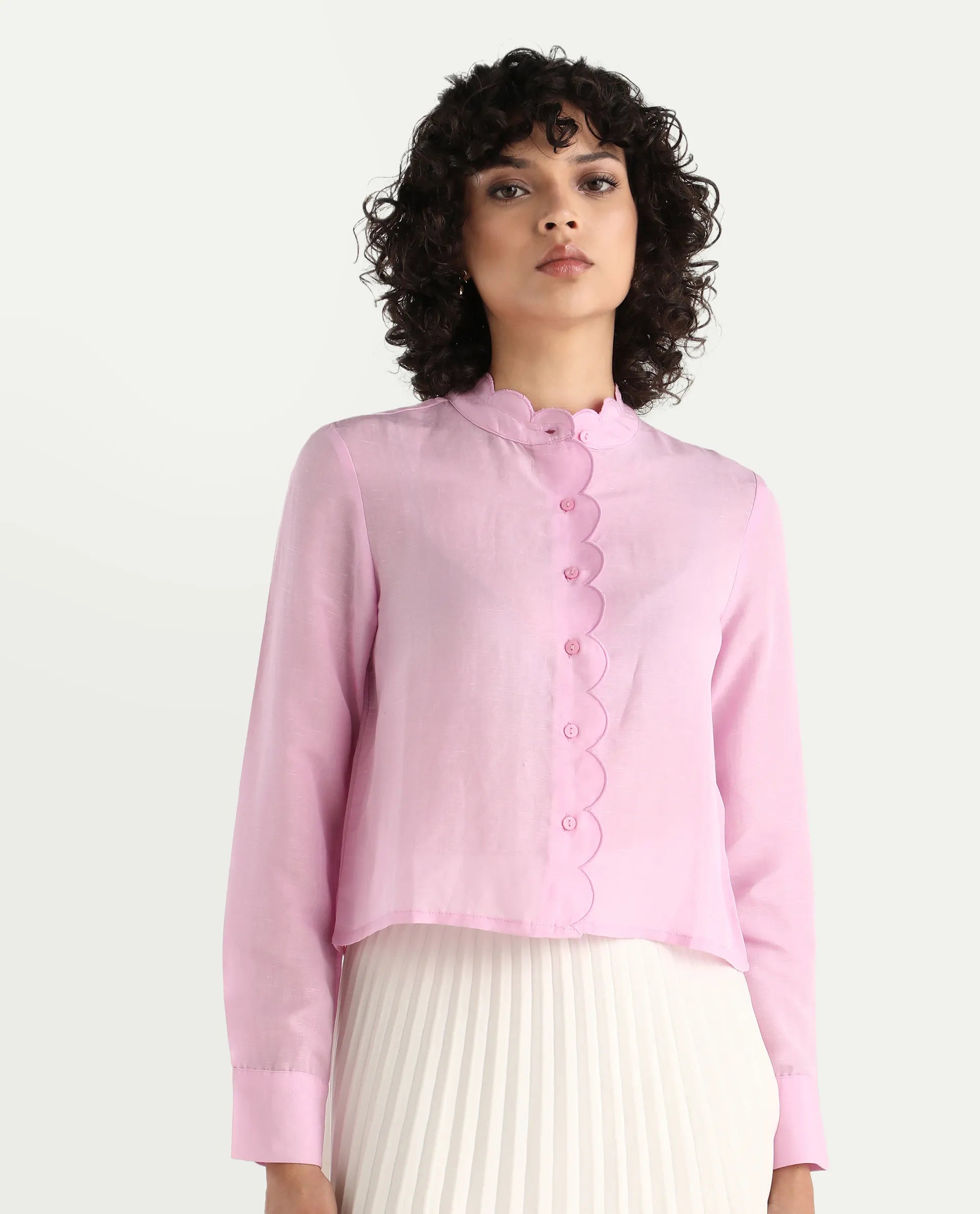 Rareism Women's Soman Light Pink Modal Blend Mandarin Collar Plain Cuffed Sleeve Crop Regular Fit Shirt