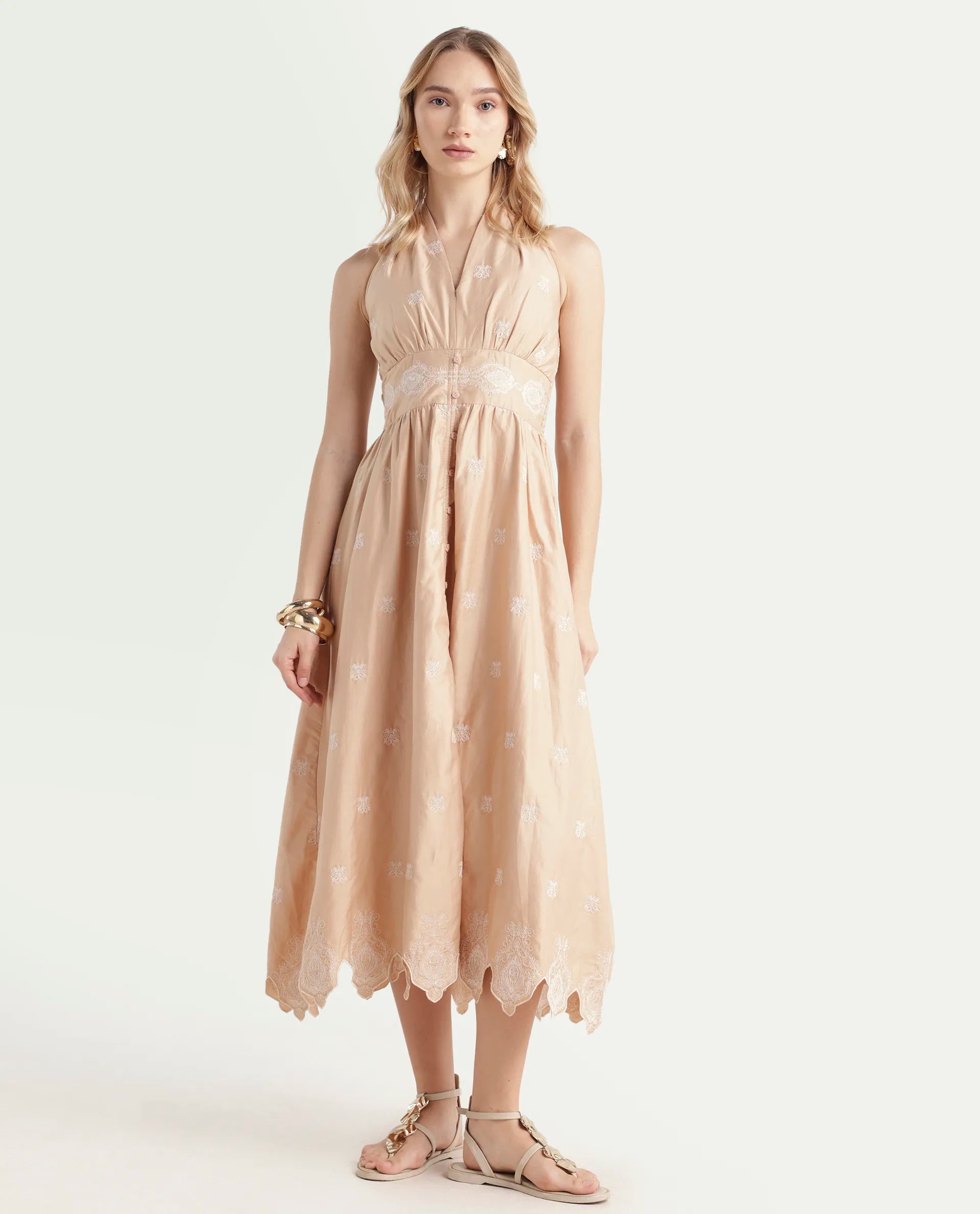 Rareism Women's Somaxa Beige Cotton Halter Neck Plain Sleeveless Midi A-Line Dress