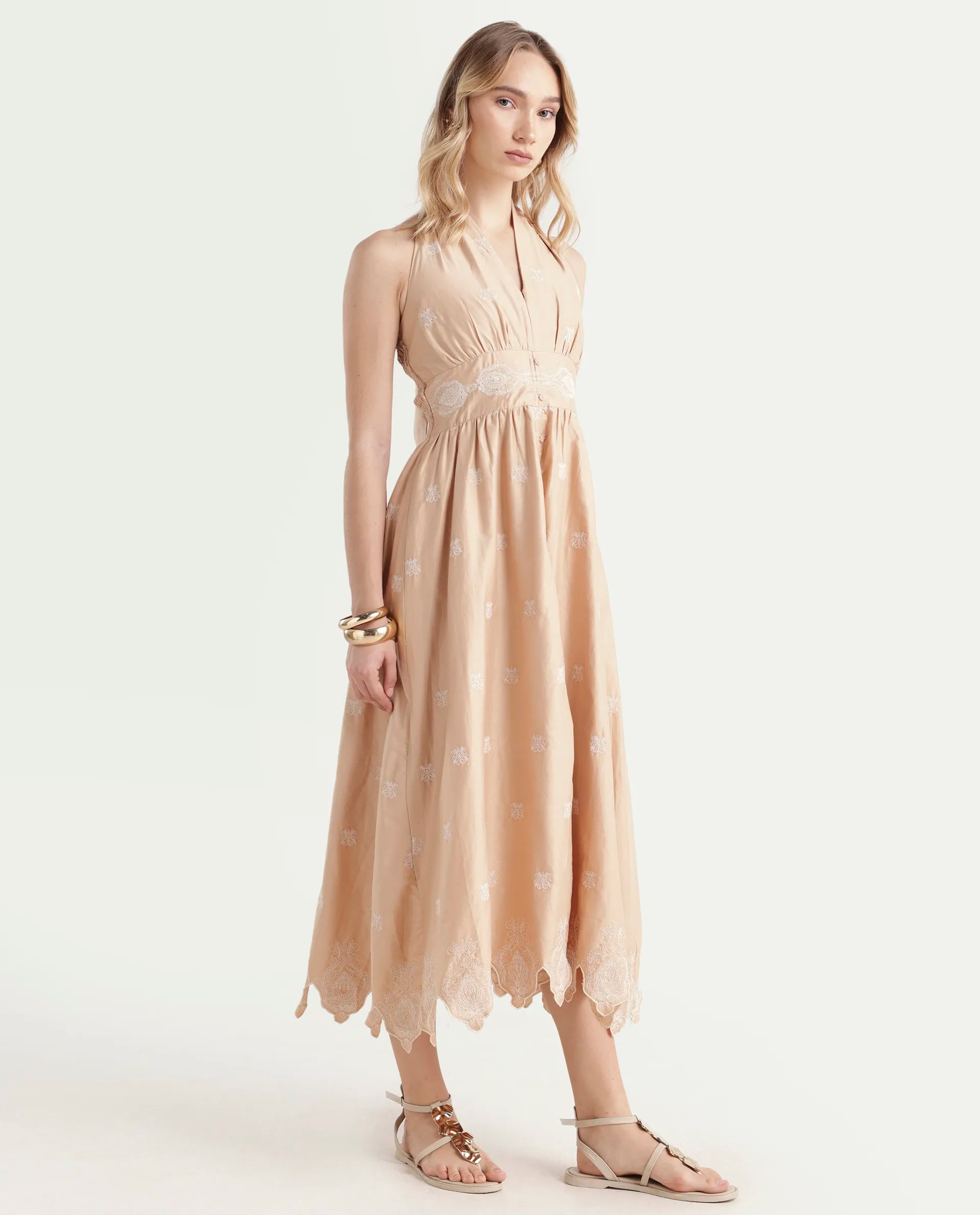 Rareism Women's Somaxa Beige Cotton Halter Neck Plain Sleeveless Midi A-Line Dress