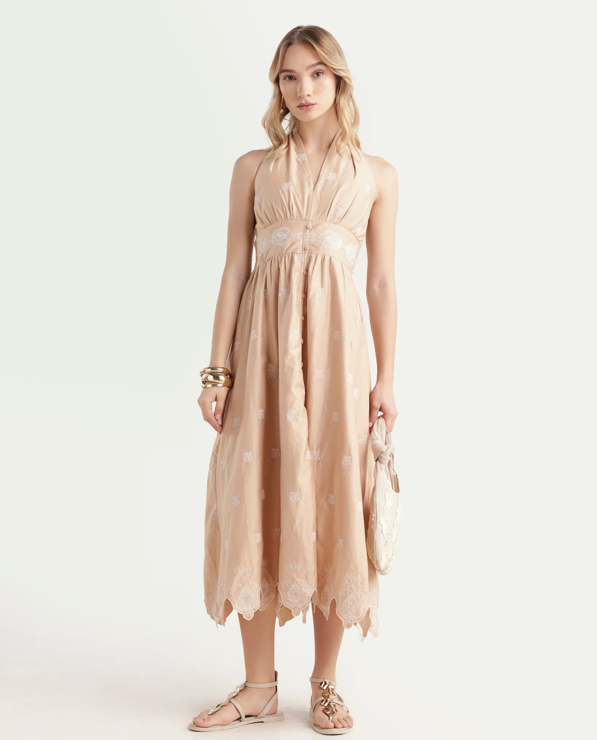 Rareism Women's Somaxa Beige Cotton Halter Neck Plain Sleeveless Midi A-Line Dress