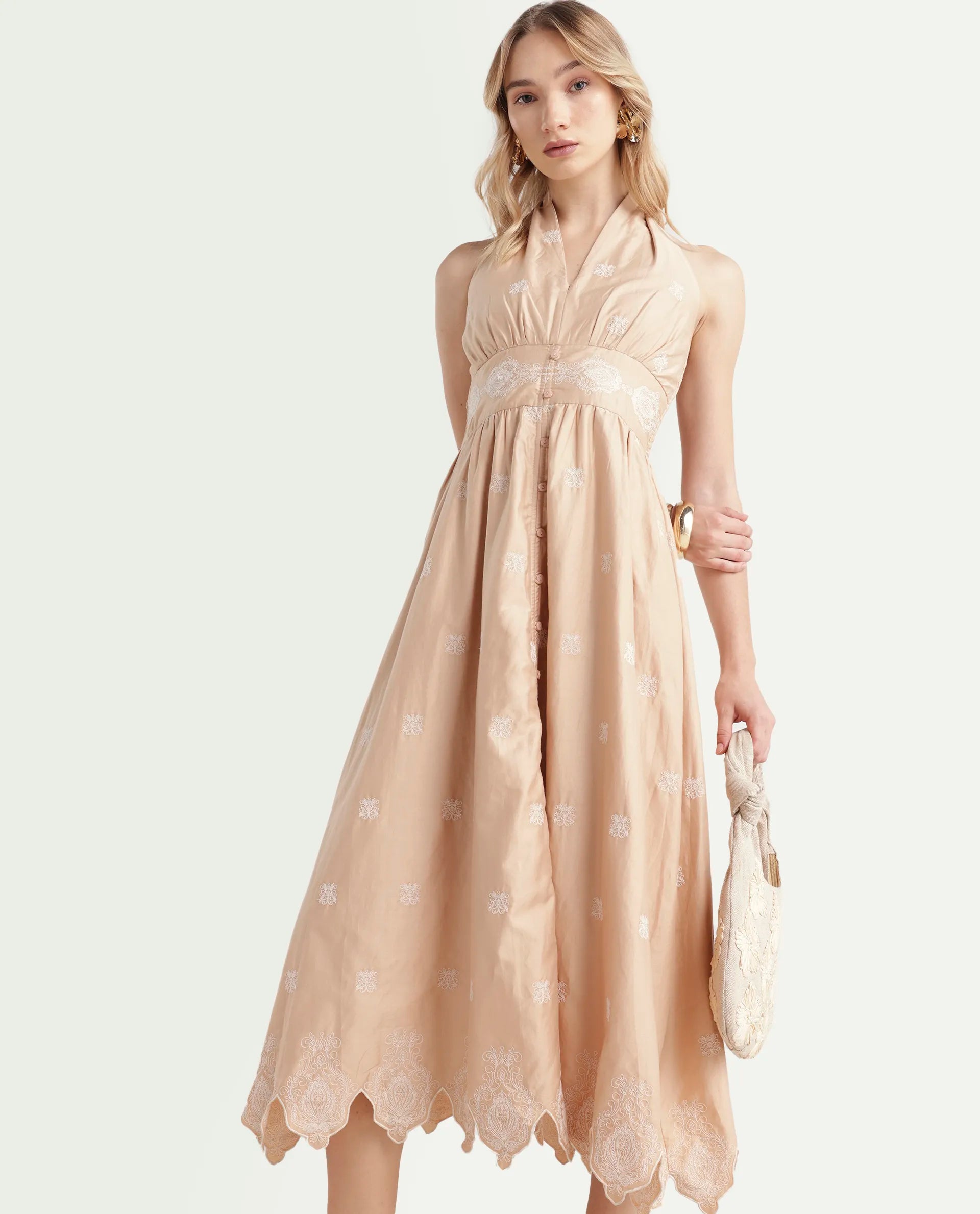 Rareism Women's Somaxa Beige Cotton Halter Neck Plain Sleeveless Midi A-Line Dress