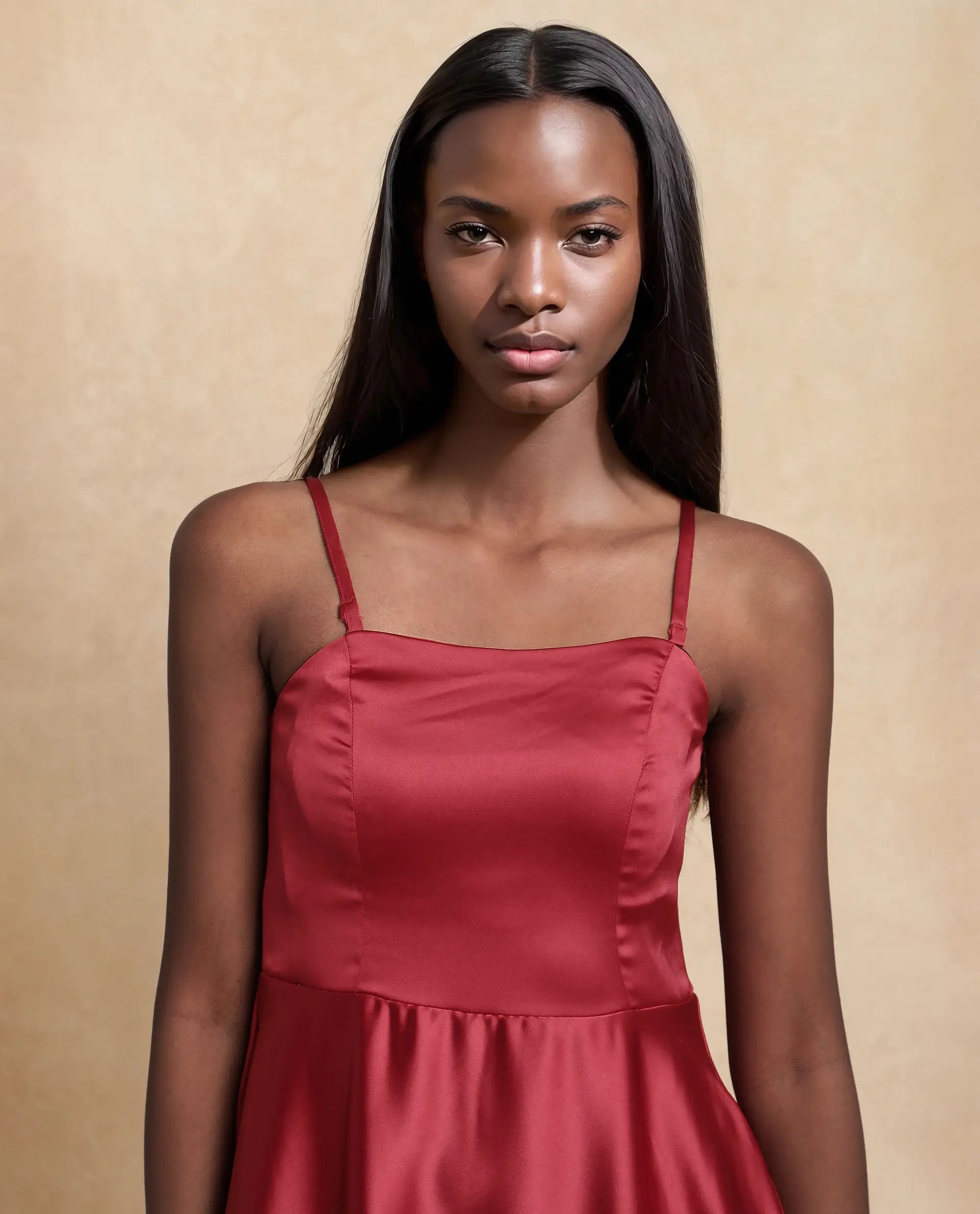 Rareism Women's Somfar Red Polyester Sweetheart Neck Plain Sleeveless Midi Flared Dress
