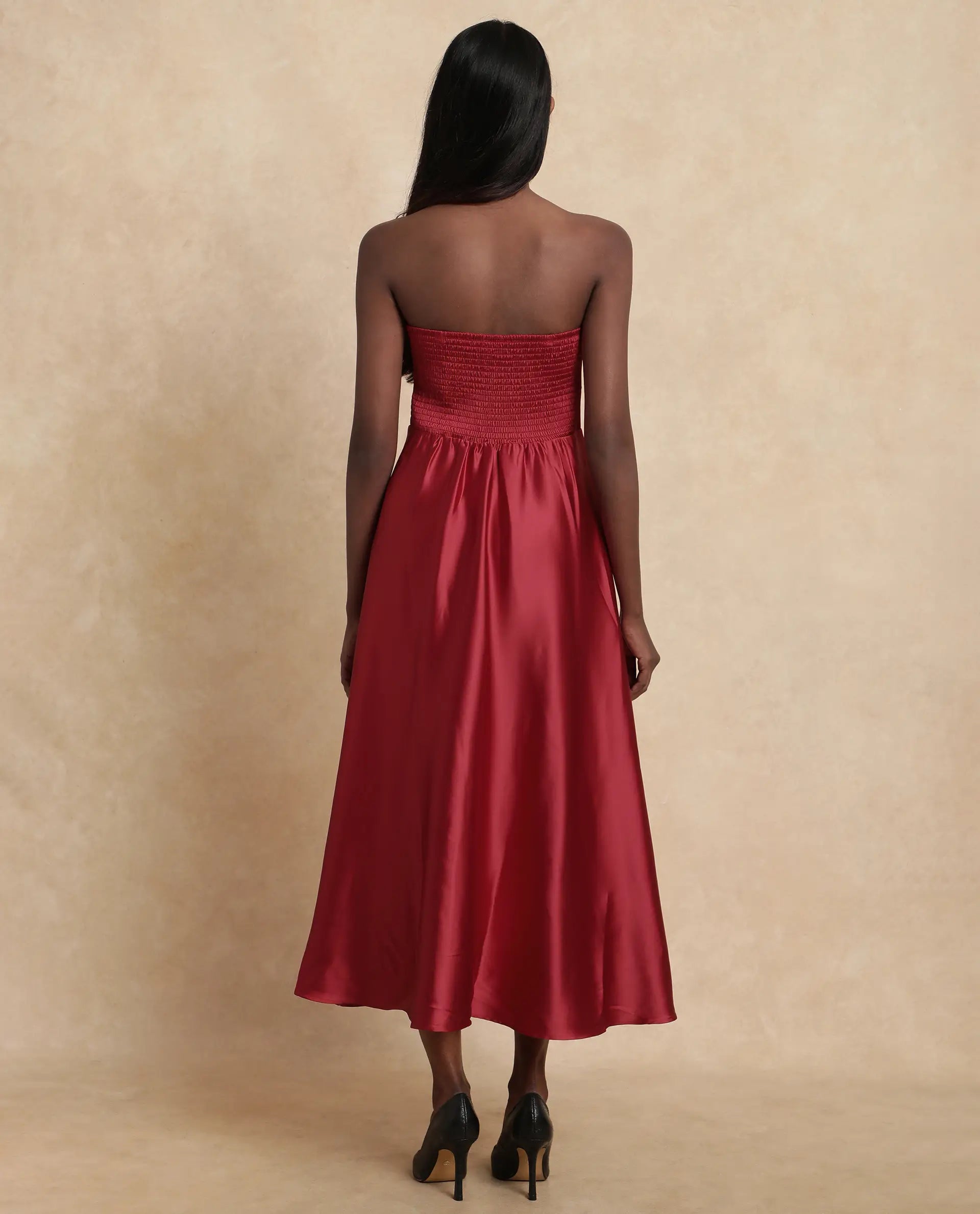 Rareism Women's Somfar Red Polyester Sweetheart Neck Plain Sleeveless Midi Flared Dress