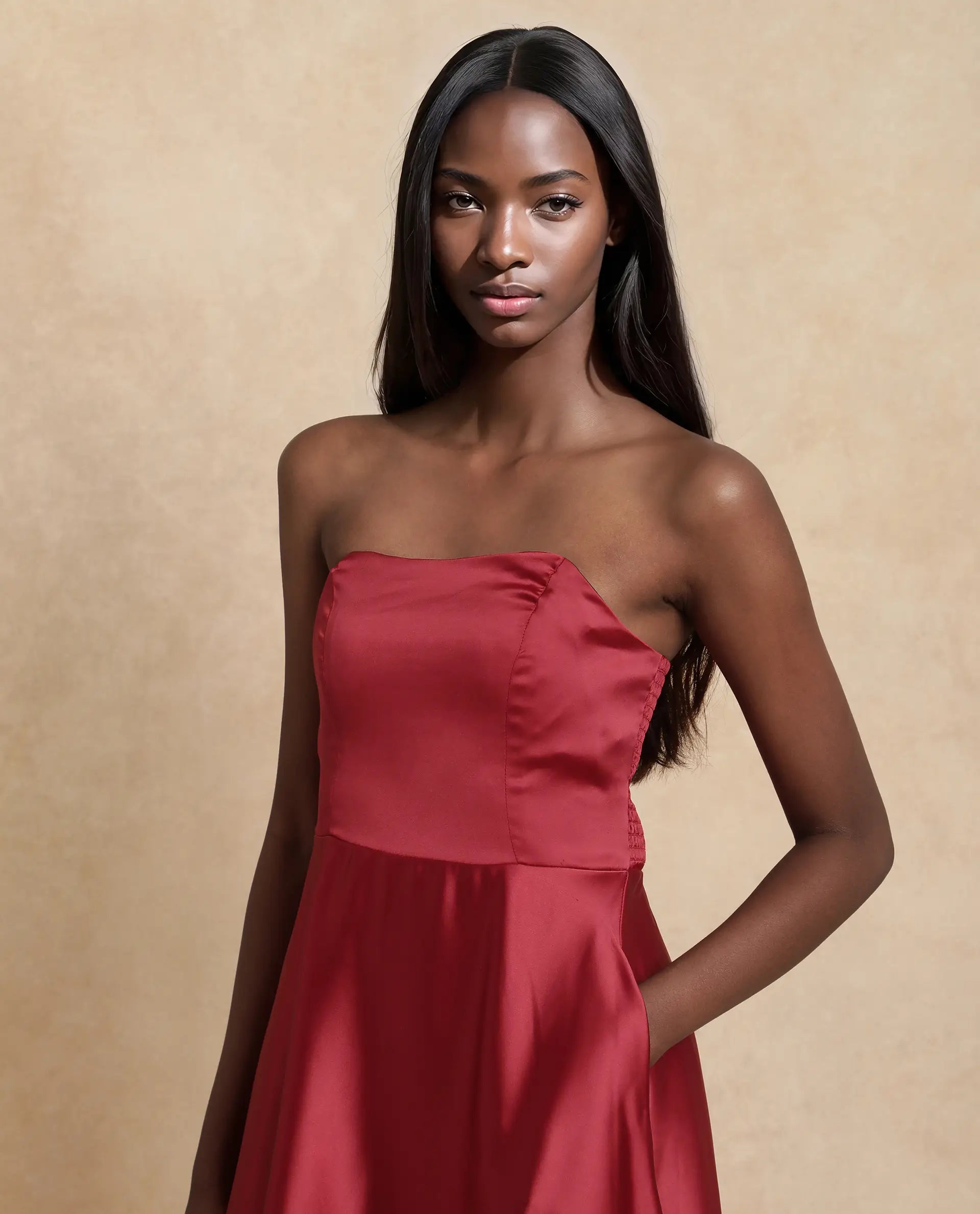 Rareism Women Somfar Red Polyester Fabric Sleeveless Sweet Heart Collar Flared Midi Plain Dress