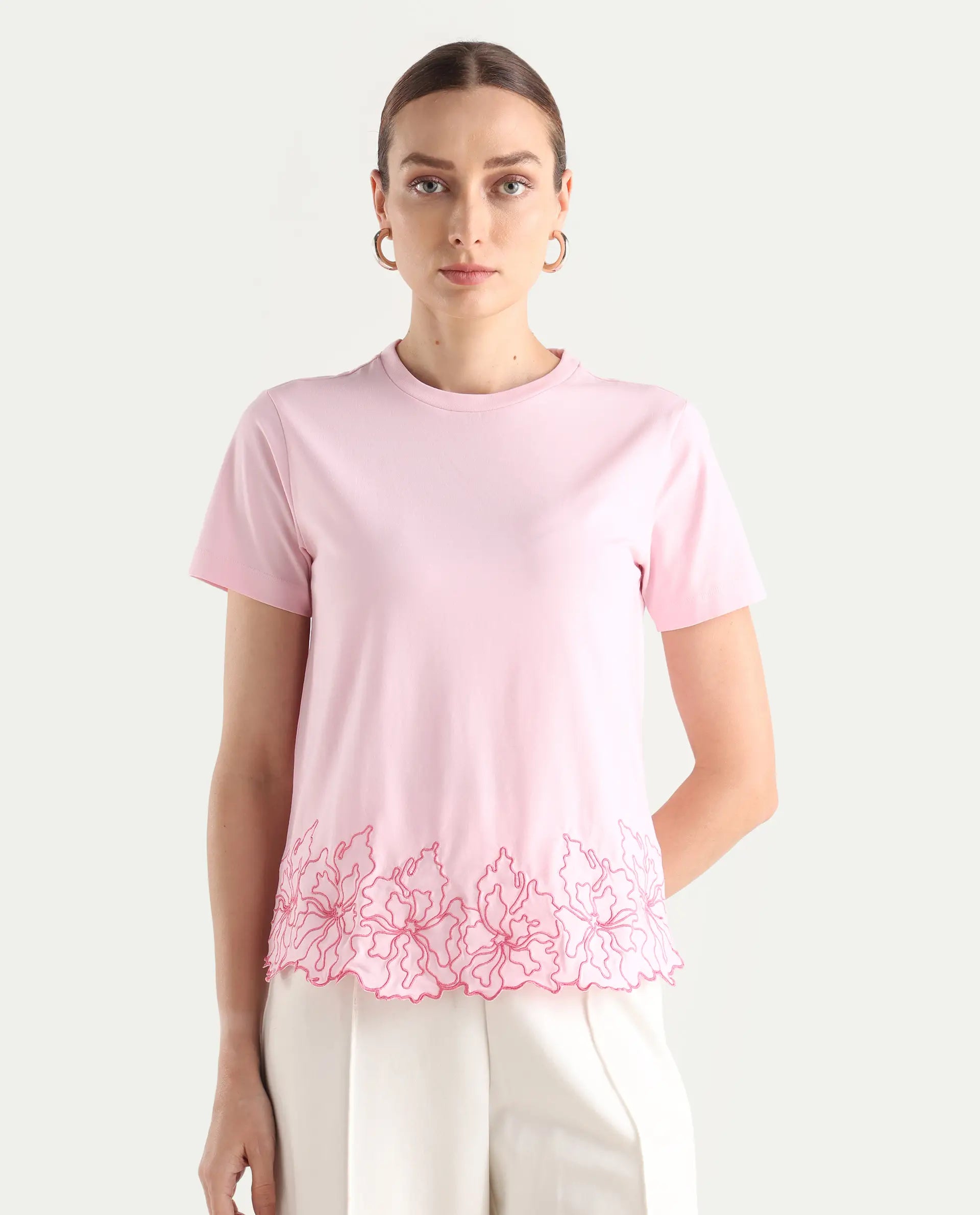 Rareism Women Somfix Light Pink Cotton-Blend Solid Regular Fit T-Shirt