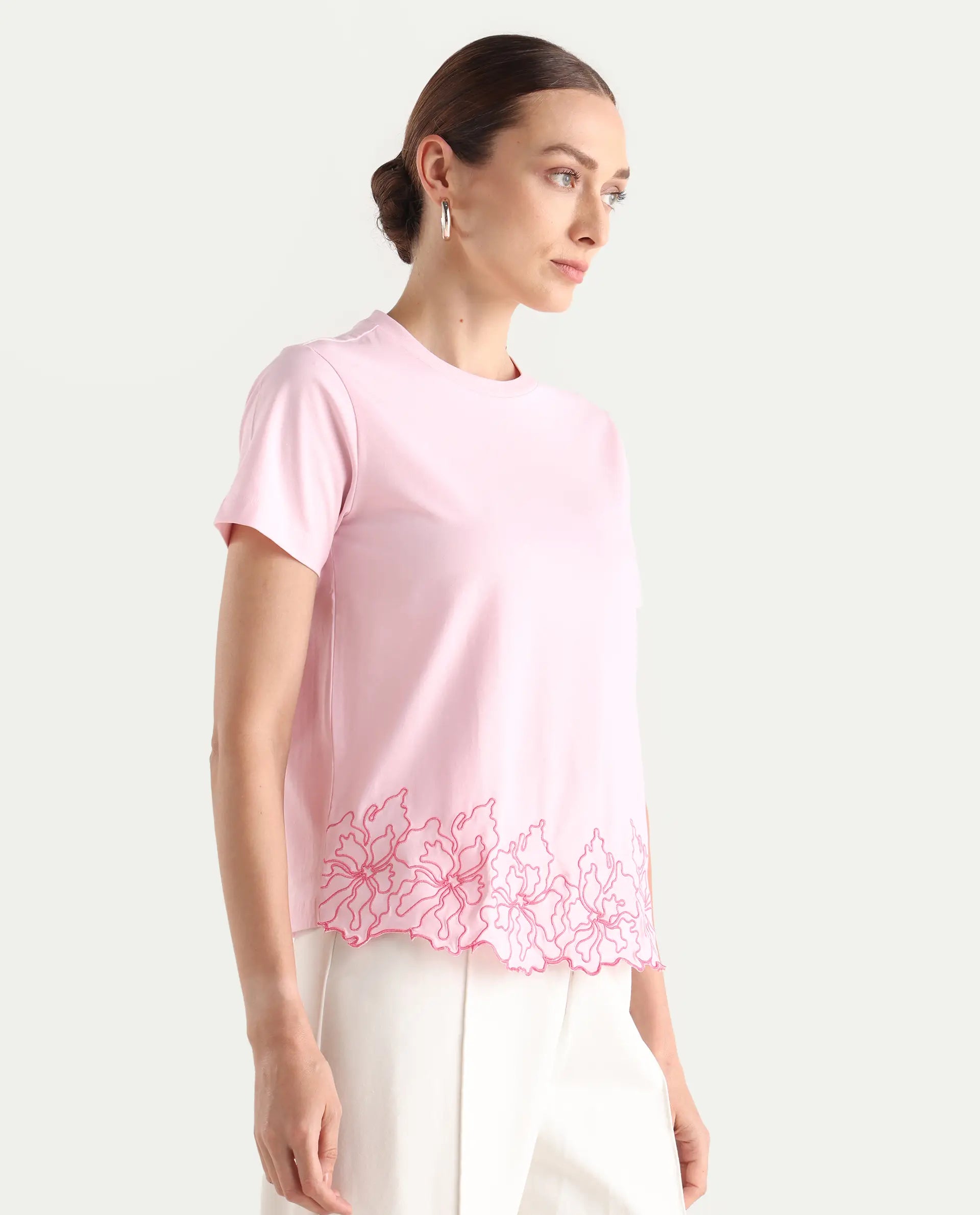 Rareism Women Somfix Light Pink Cotton-Blend Solid Regular Fit T-Shirt