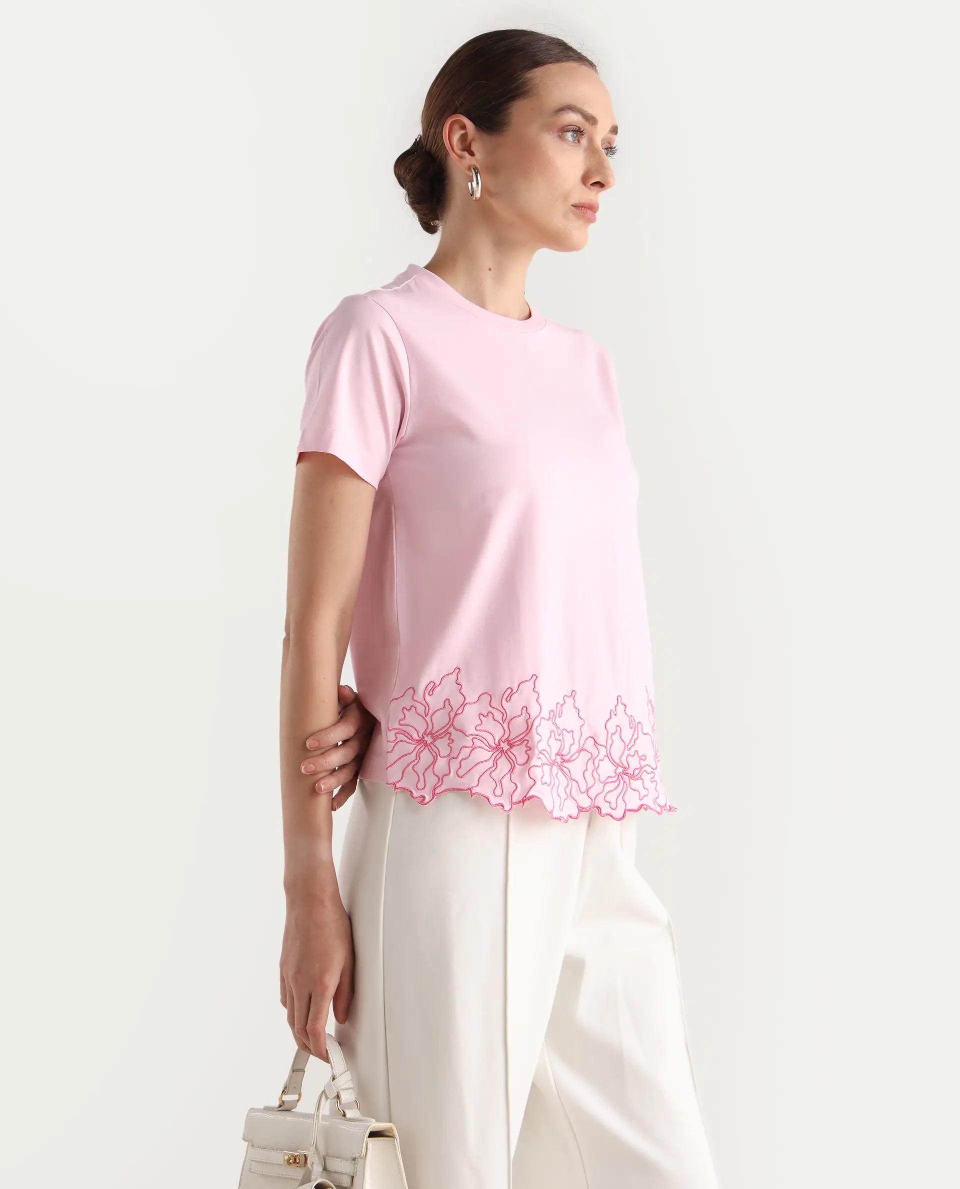 Rareism Women Somfix Light Pink Cotton-Blend Solid Regular Fit T-Shirt