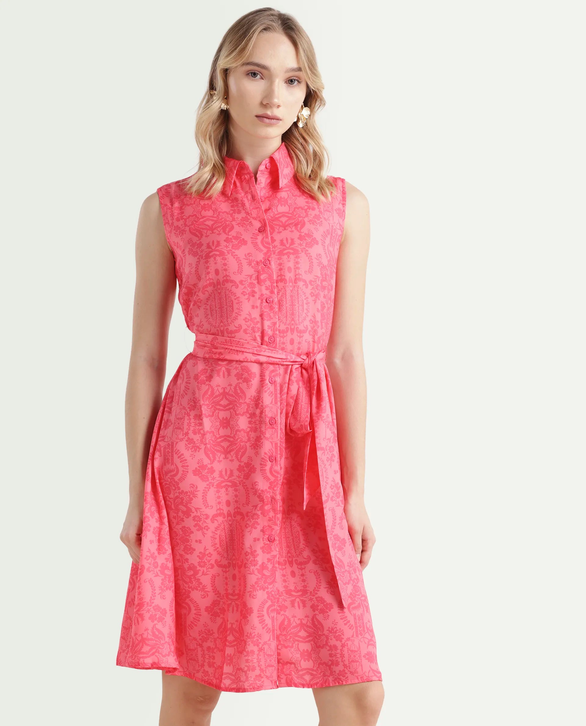 Rareism Women's Somfril Pink Polyester Spread Collar Abstract Print Sleeveless Knee Length A-Line Dress