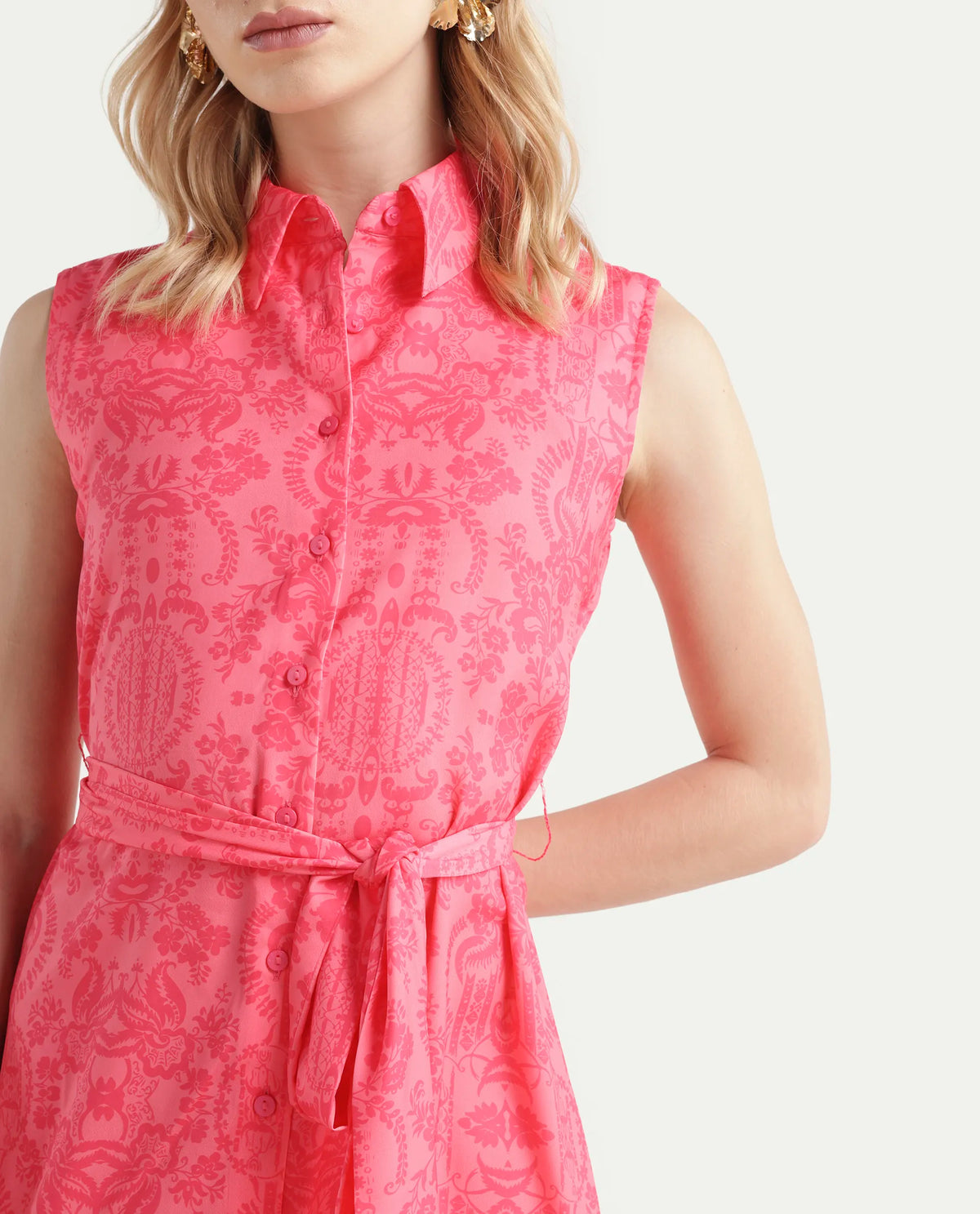 Rareism Women's Somfril Pink Polyester Spread Collar Abstract Print Sleeveless Knee Length A-Line Dress