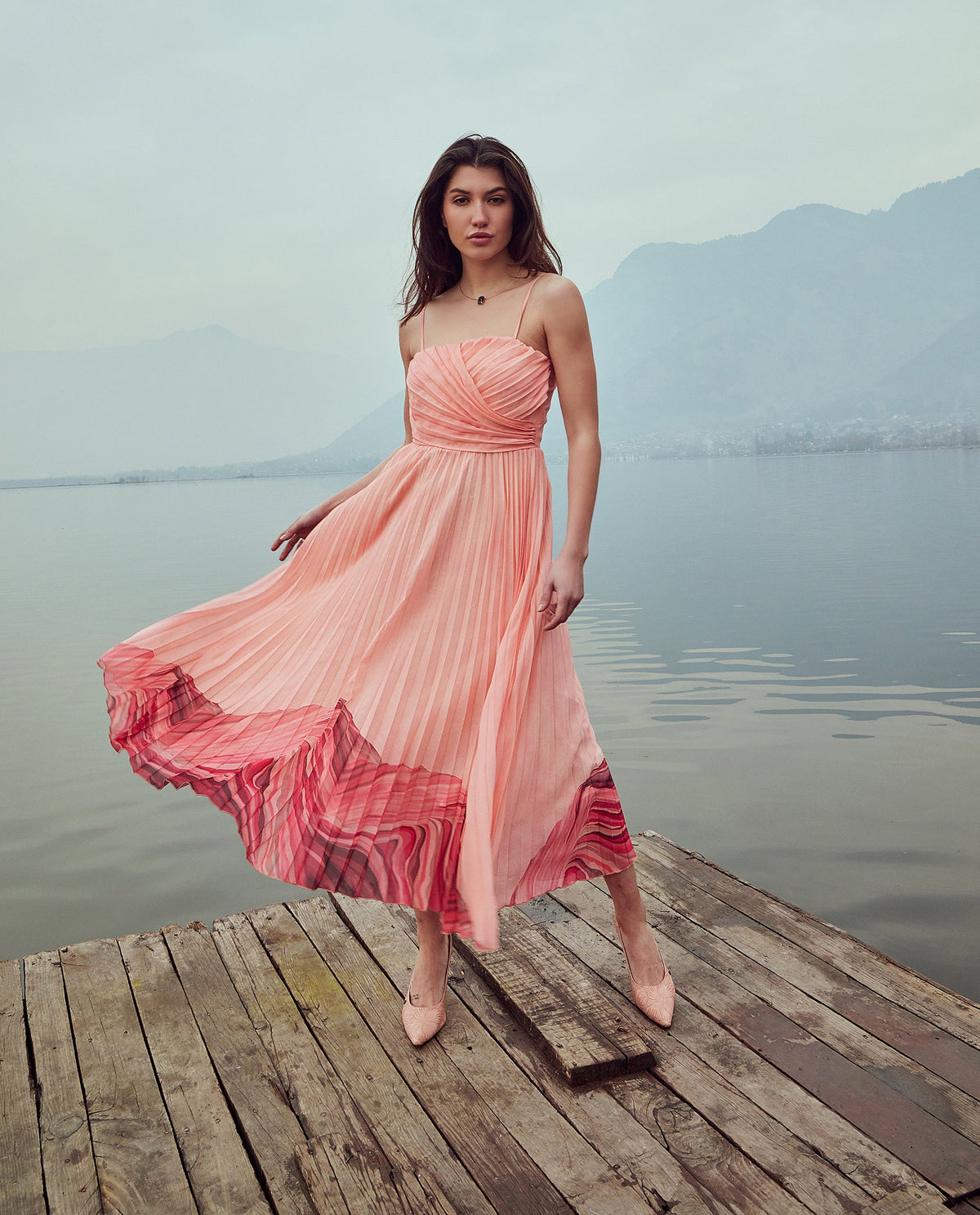 Rareism Women Somhey Pink Polyester Fabric Shoulder Straps Zipper Closure Fit And Flare Midi Plain Dress