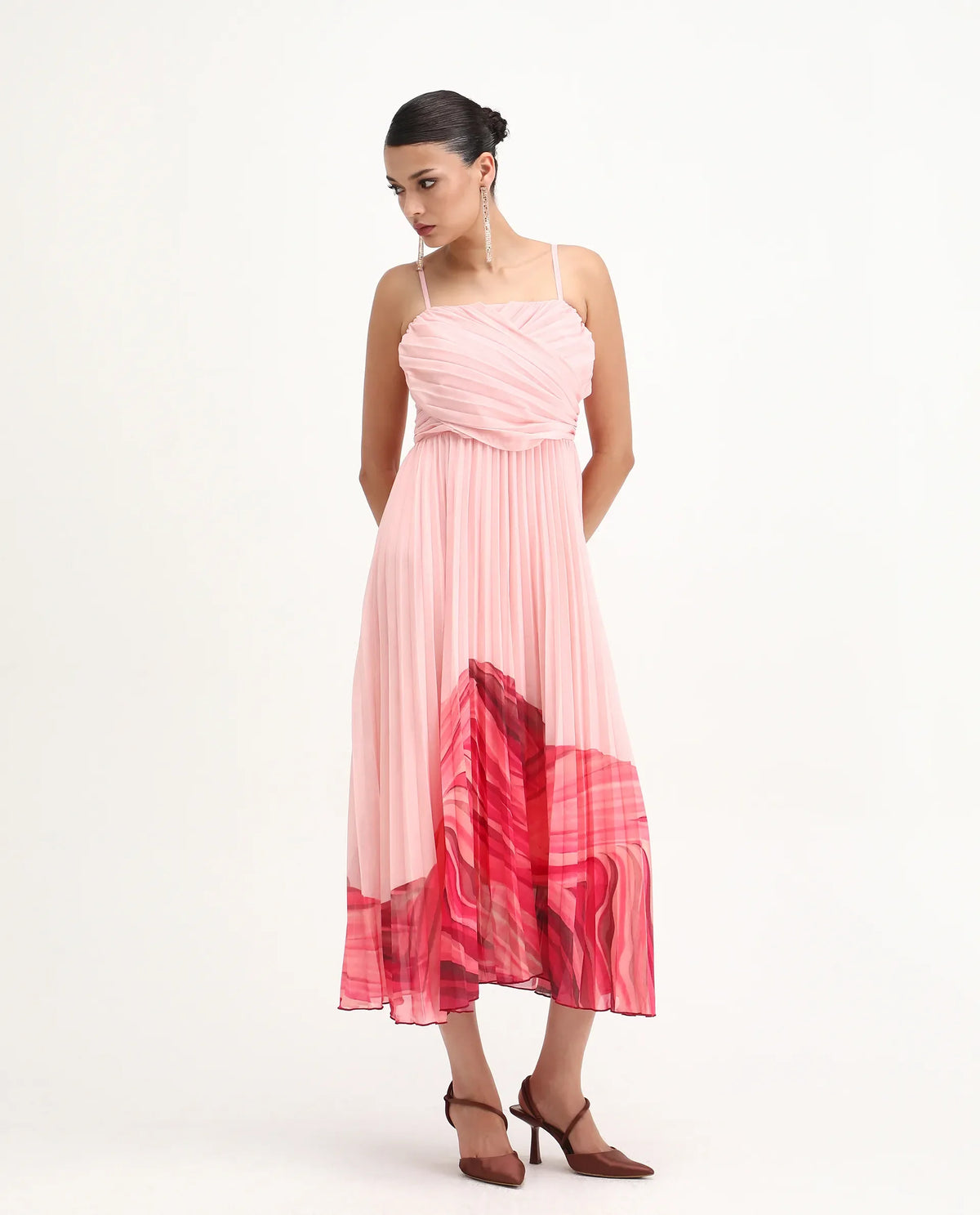 Rareism Women's Somhey Pink Polyester Shoulder Strap Plain Shoulder Strap Midi Fit And Flare Dress
