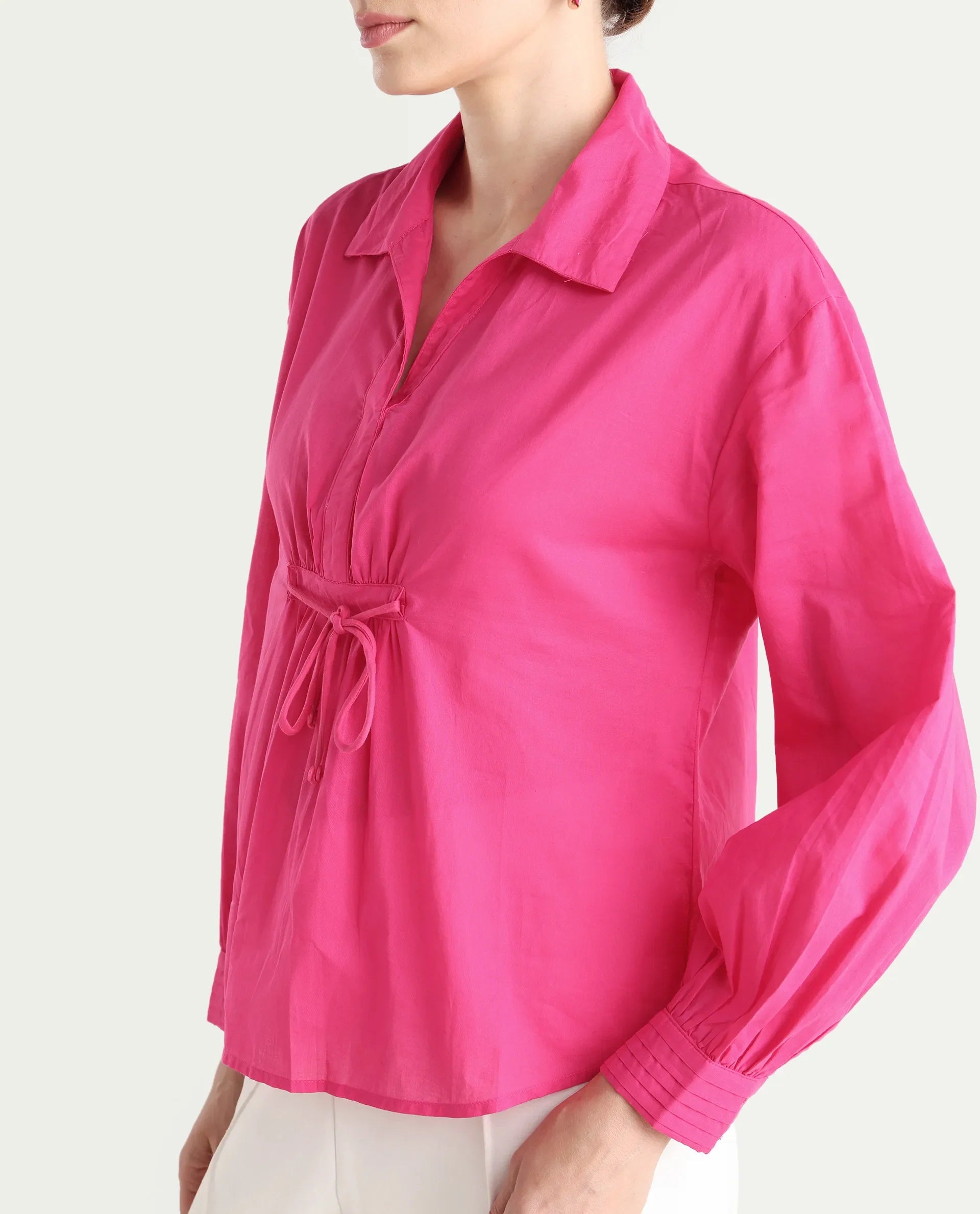 Rareism Women's Somhur T Pink Cotton Spread Collar Plain Bishop Sleeve Relaxed Fit Top