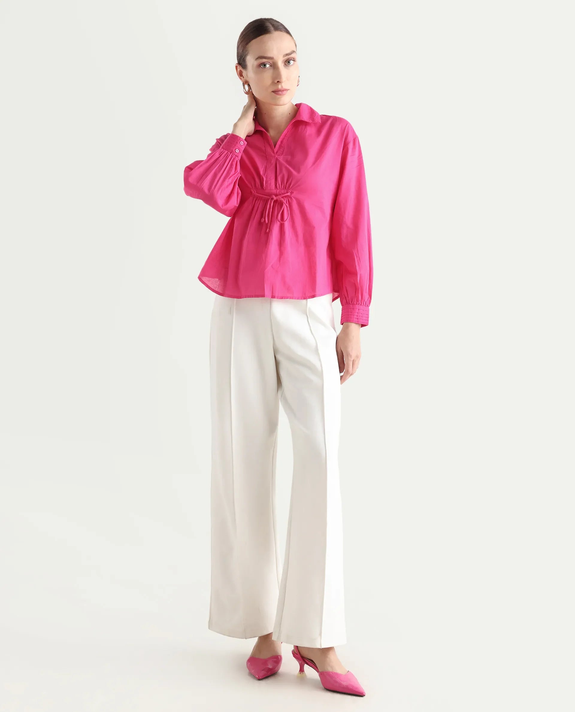 Rareism Women's Somhur T Pink Cotton Spread Collar Plain Bishop Sleeve Relaxed Fit Top