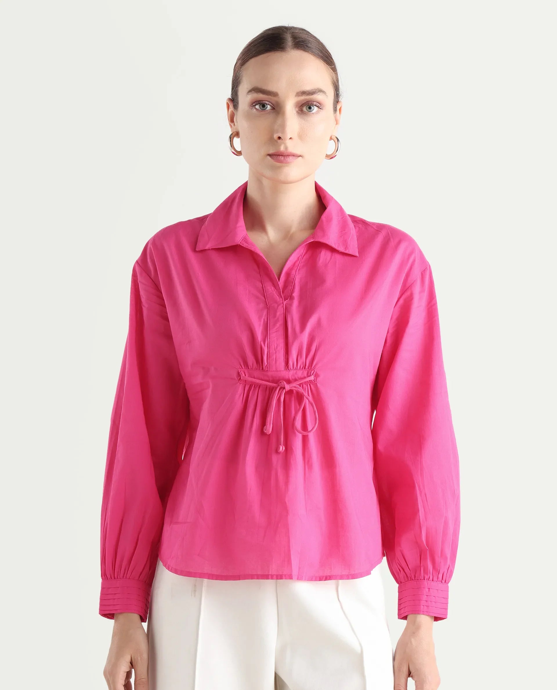 Rareism Women's Somhur T Pink Cotton Spread Collar Plain Bishop Sleeve Relaxed Fit Top