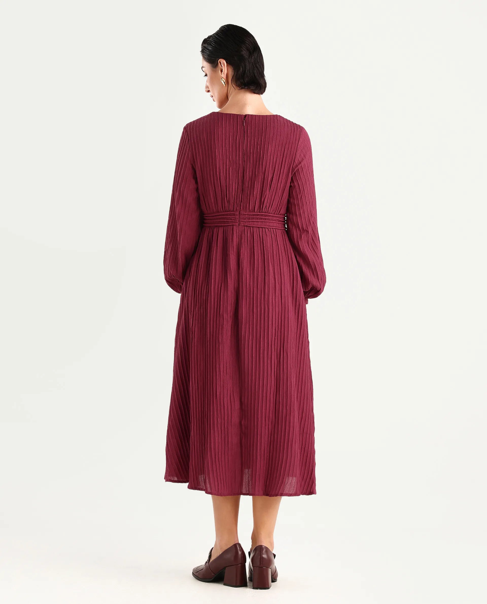 Rareism Women's Somiki Dark Red Polyester Blend V-Neck Plain Bishop Sleeve Midi Flared Dress