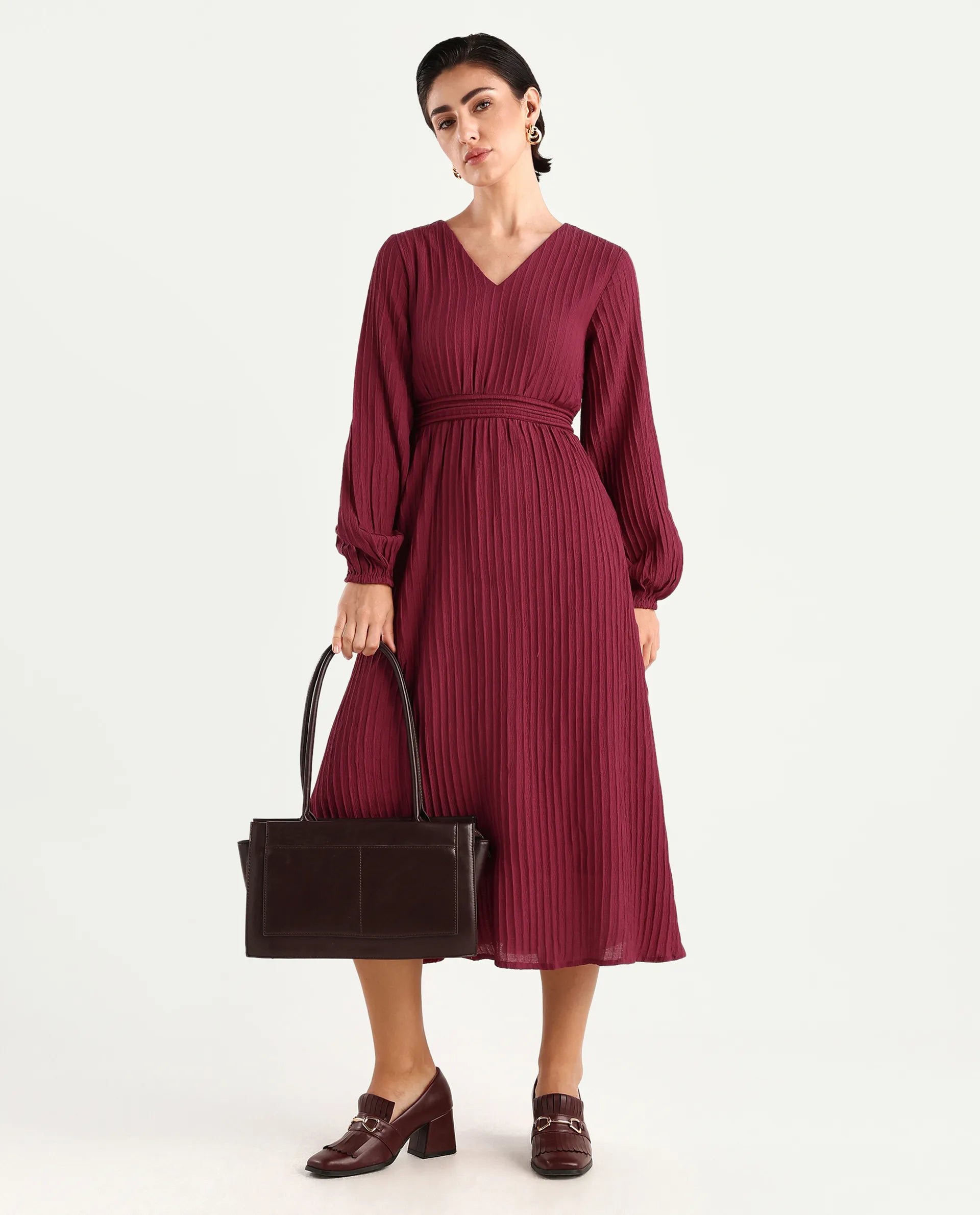 Rareism Women's Somiki Dark Red Polyester Blend V-Neck Plain Bishop Sleeve Midi Flared Dress