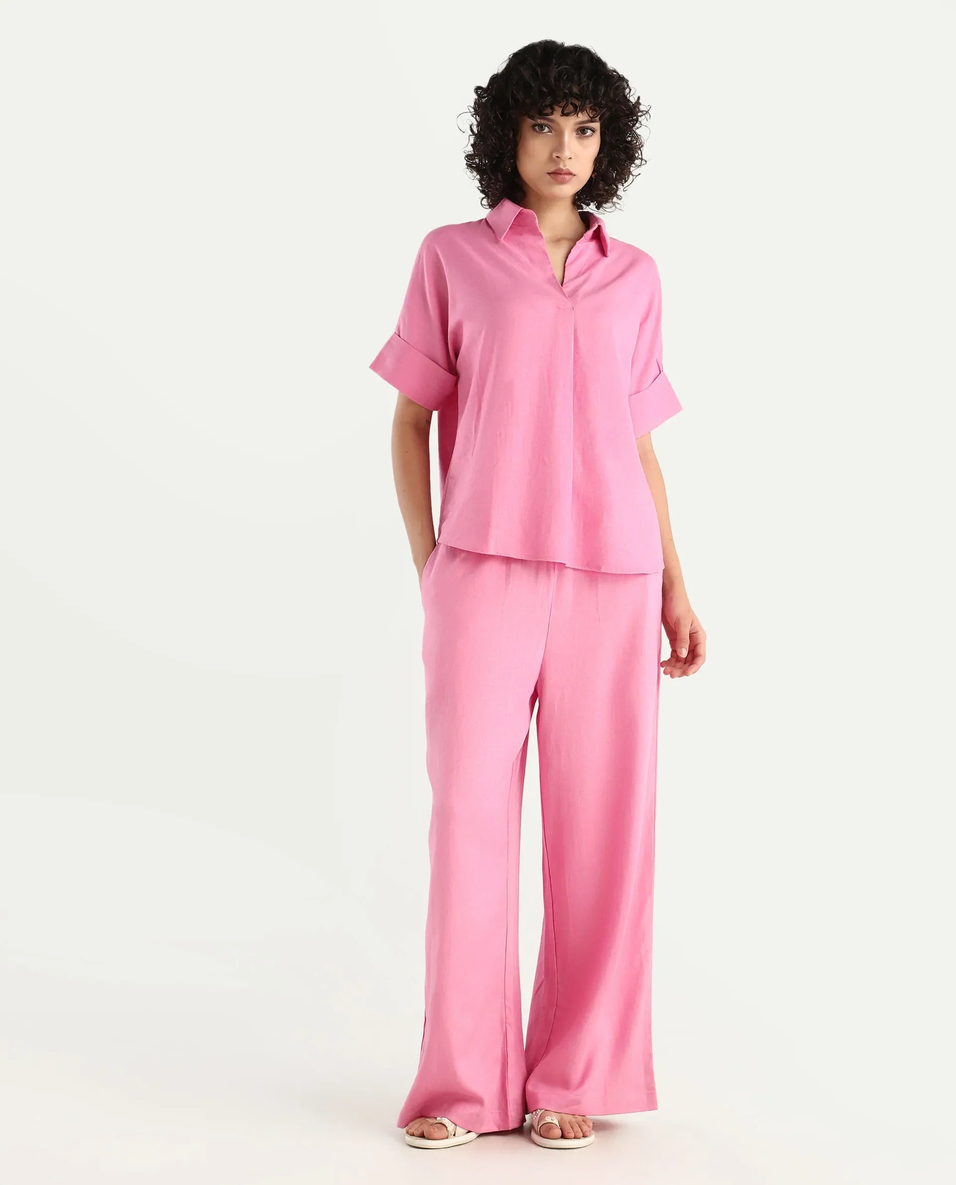 Rareism Women's Somkar B Pink Viscose Blend Plain Ankle Length Straight Fit Trouser