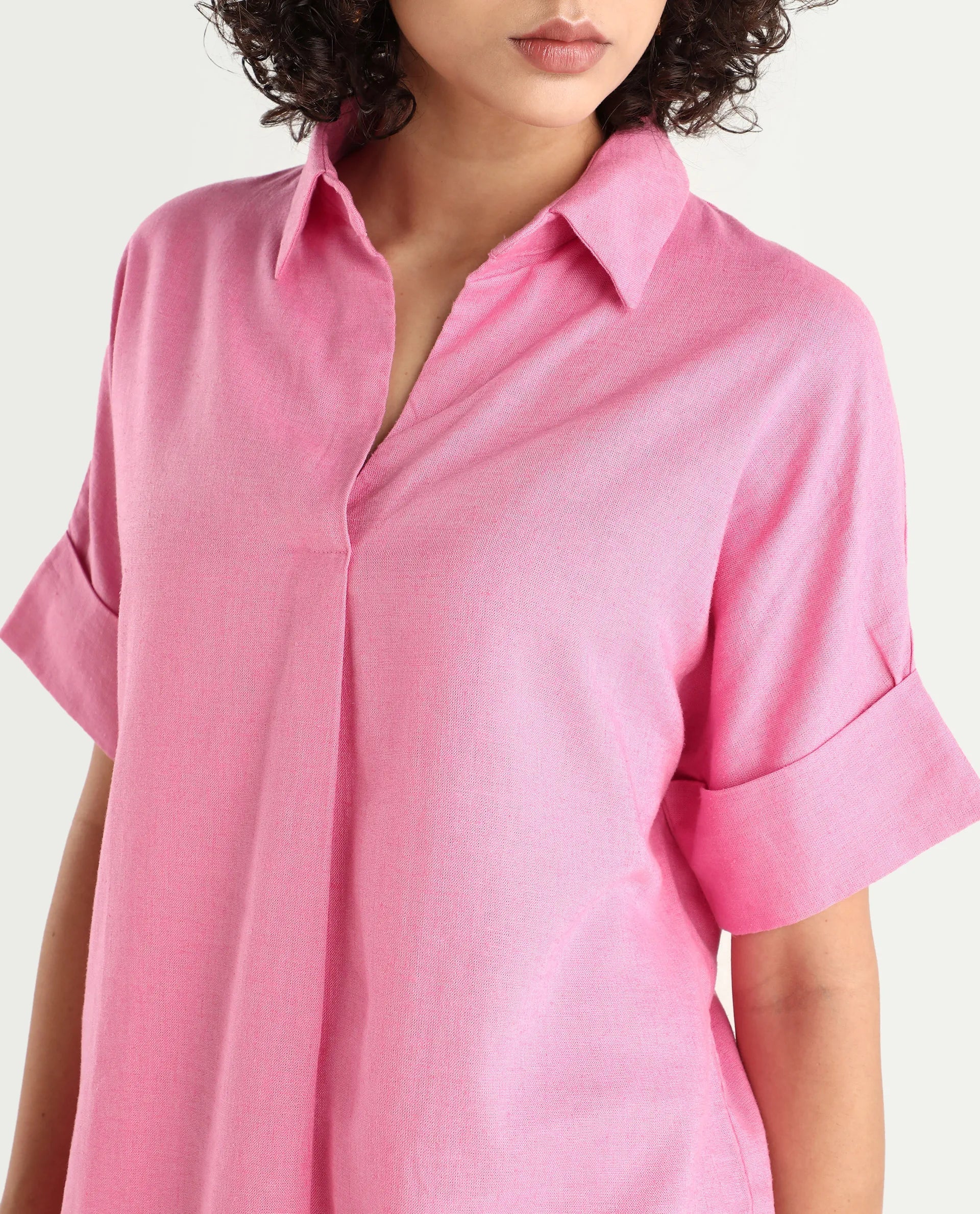 Rareism Women's Somkar T Pink Viscose Blend Johnny Collar Plain Extended Sleeves Relaxed Fit Top