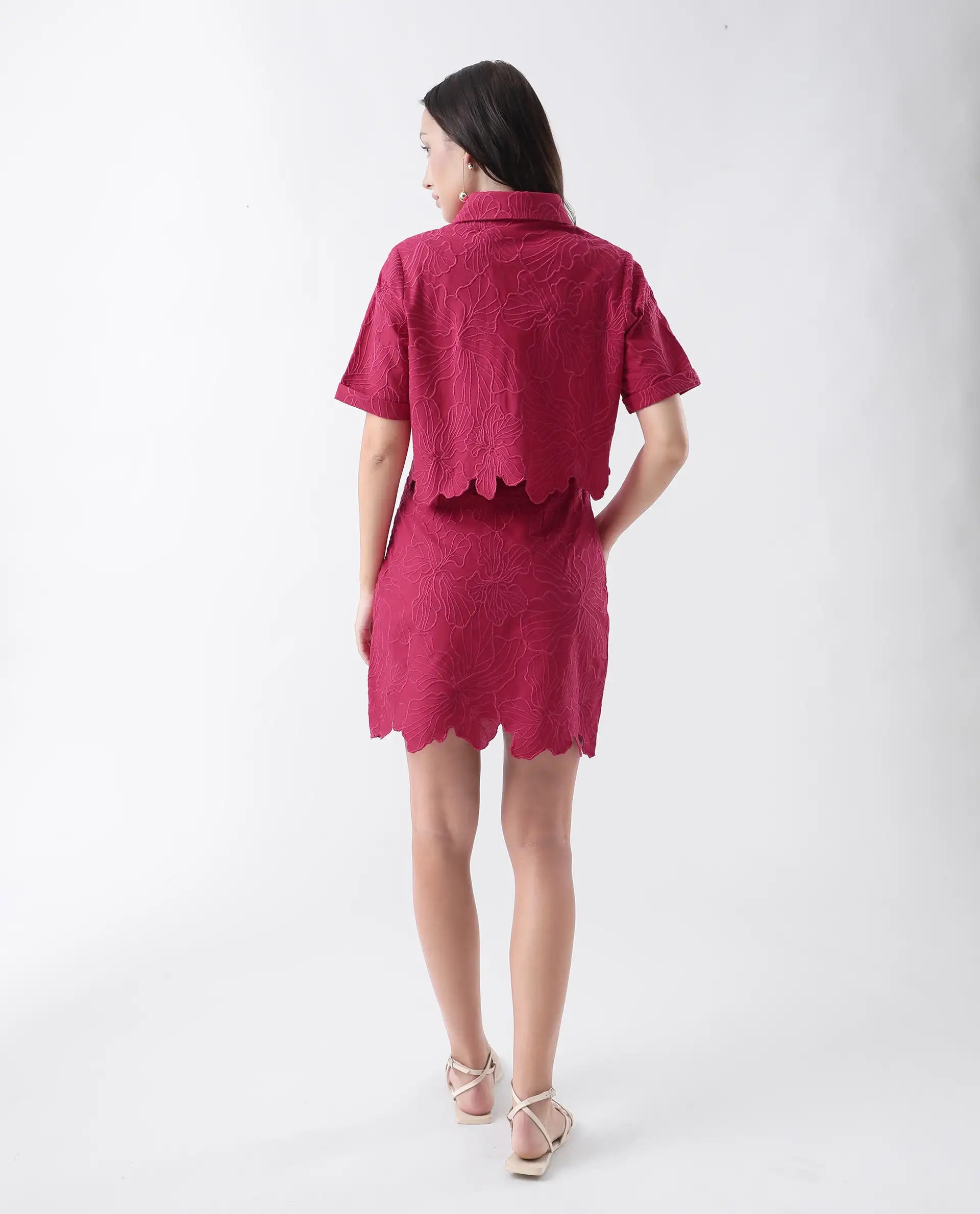 Rareism Women's Somkil-T Pink Cotton Collared Embroidered Crop Regular Fit Shirt