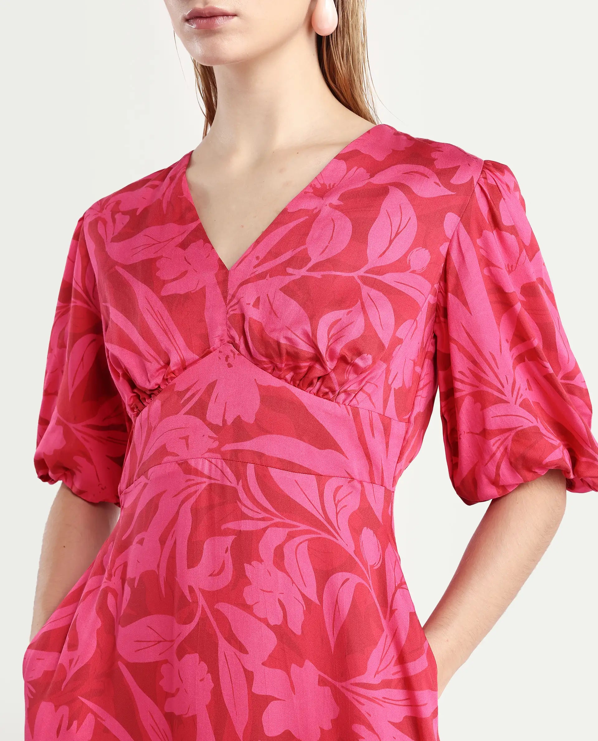 Rareism Women's Somkin Pink Modal V-Neck Floral Print Balloon Sleeve Midi A-Line Dress