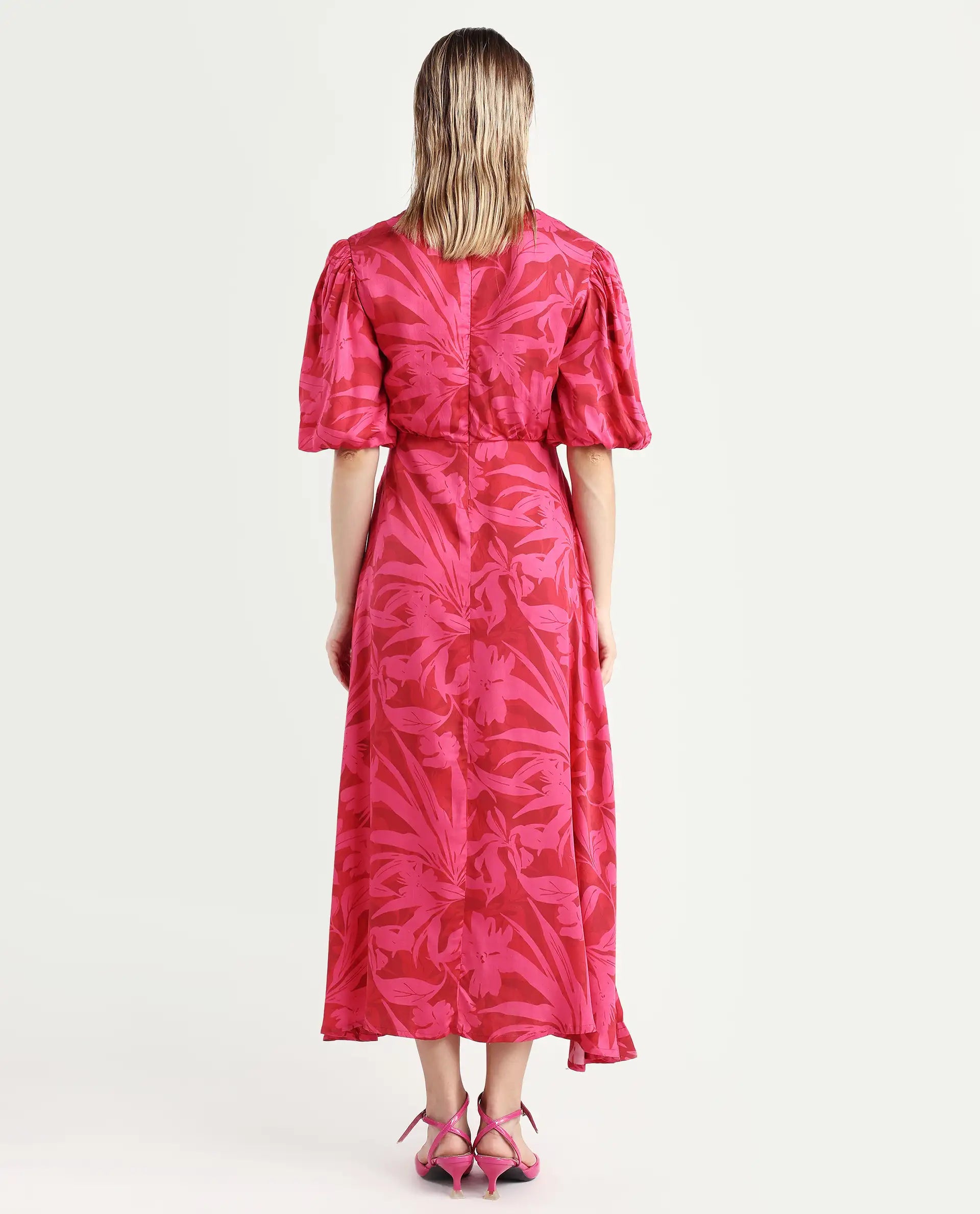 Rareism Women's Somkin Pink Modal V-Neck Floral Print Balloon Sleeve Midi A-Line Dress