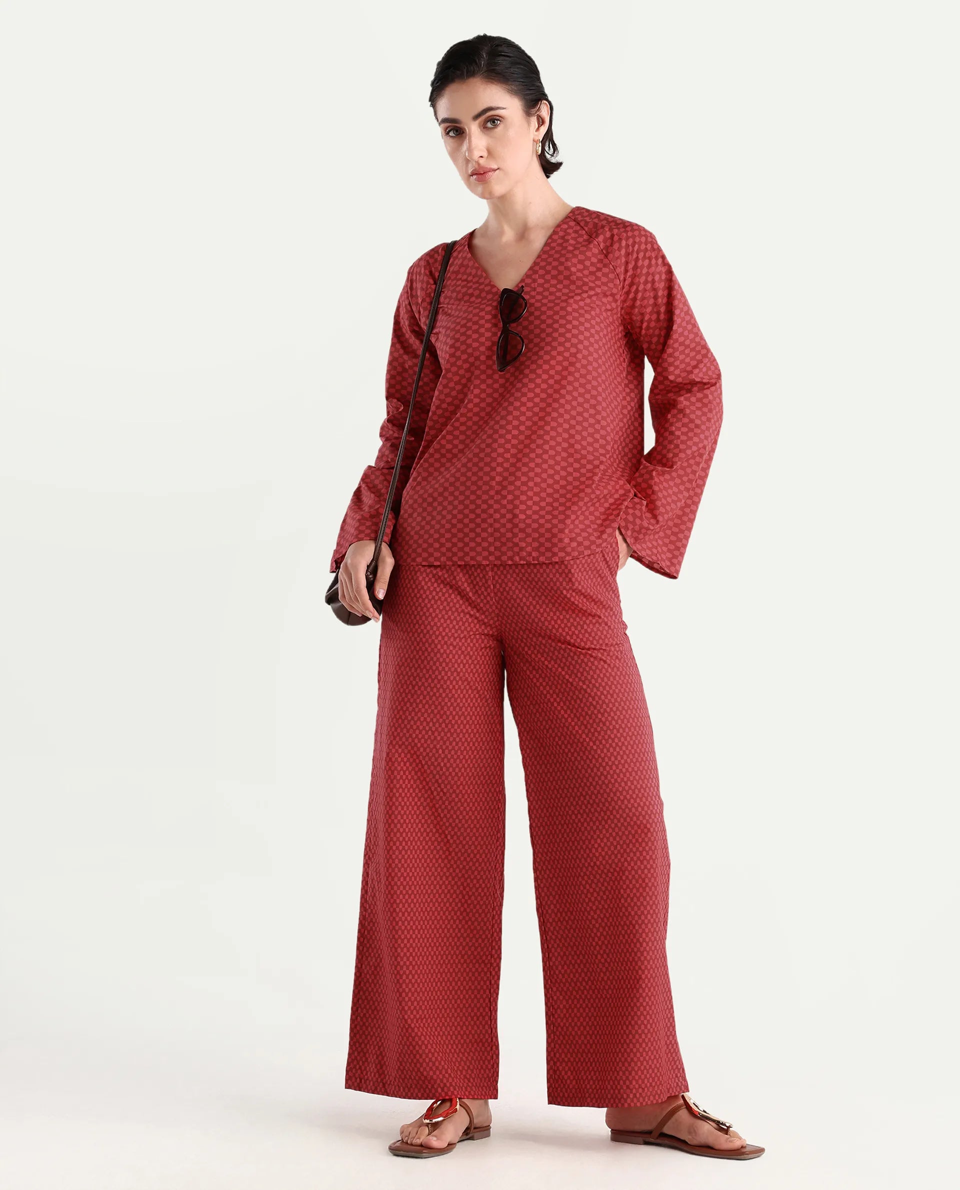 Rareism Women's Somkyu B Red Cotton Geometric Print Ankle Length Wide Trouser