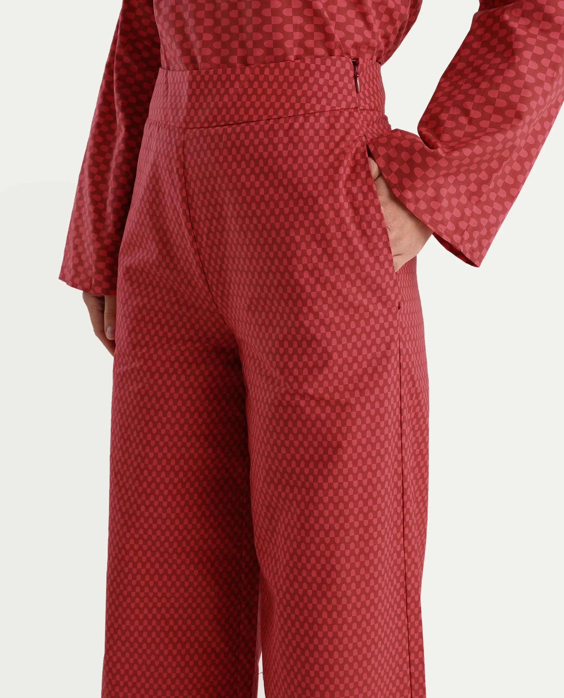 Rareism Women's Somkyu B Red Cotton Geometric Print Ankle Length Wide Trouser