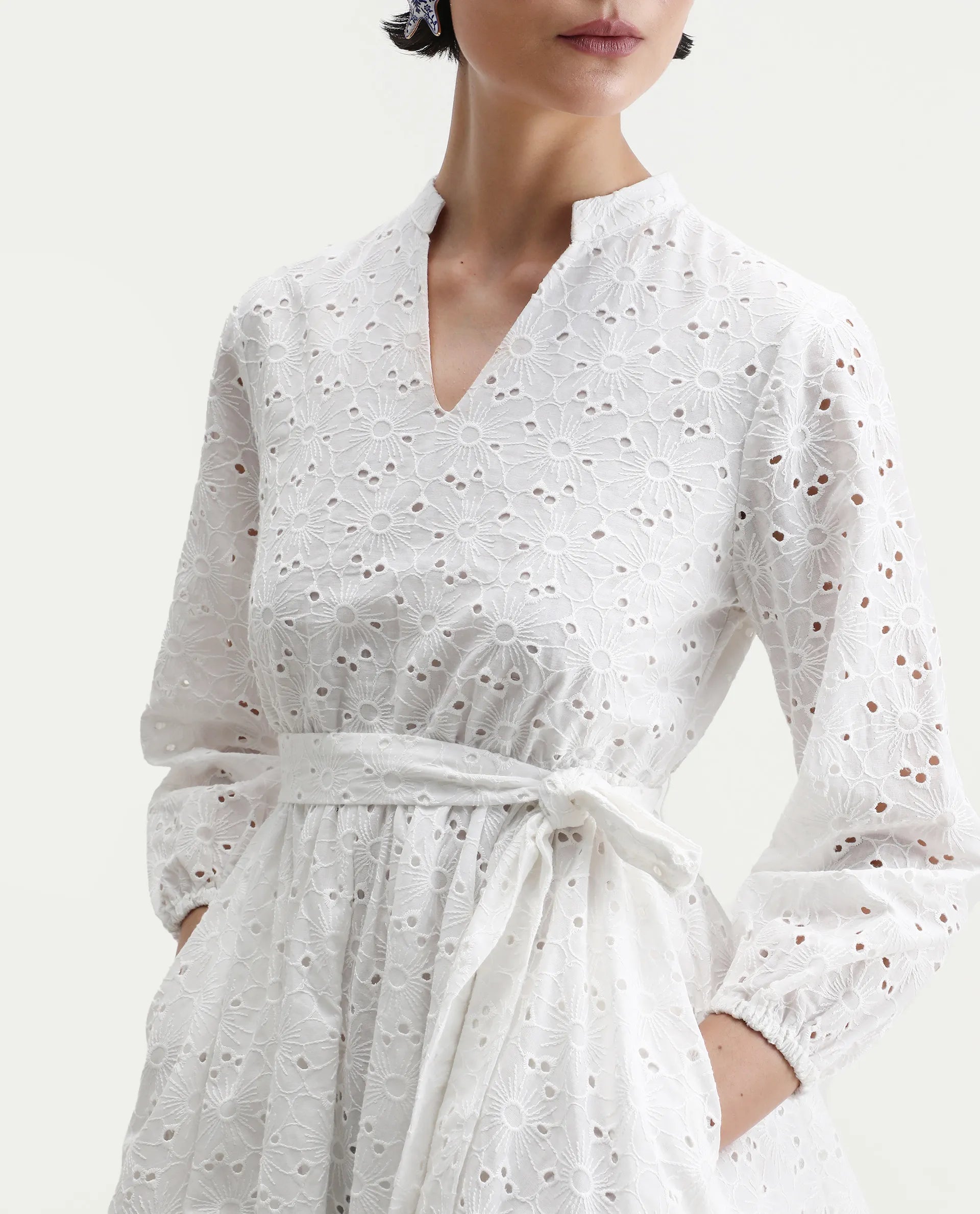 Rareism Women's Somliao White Cotton V-Neck Plain Bishop Sleeve Mini Flared Dress