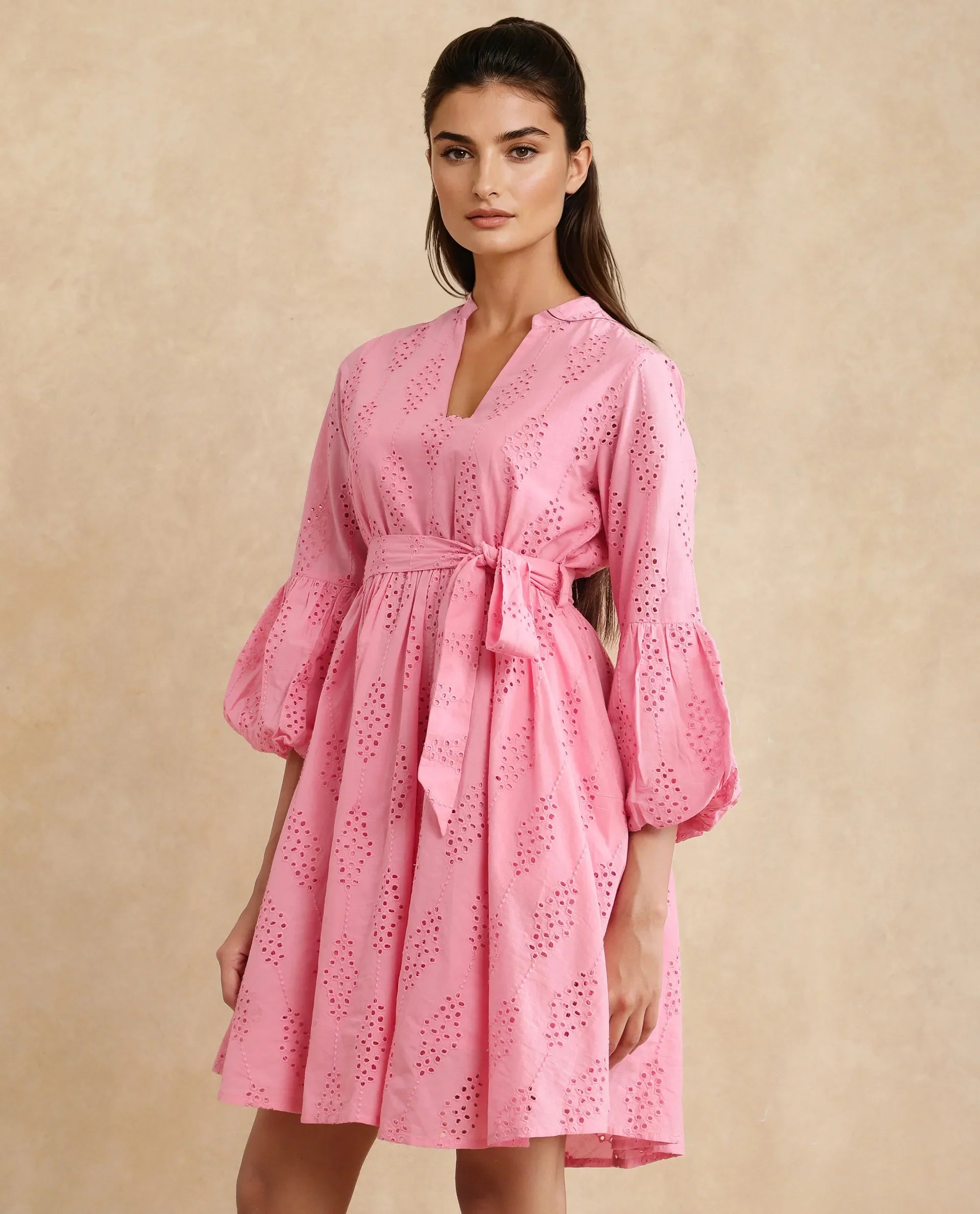 Rareism Women's Somlia Light Pink Cotton V-Neck Schiffli Bishop Sleeve Mini Fit And Flare Dress