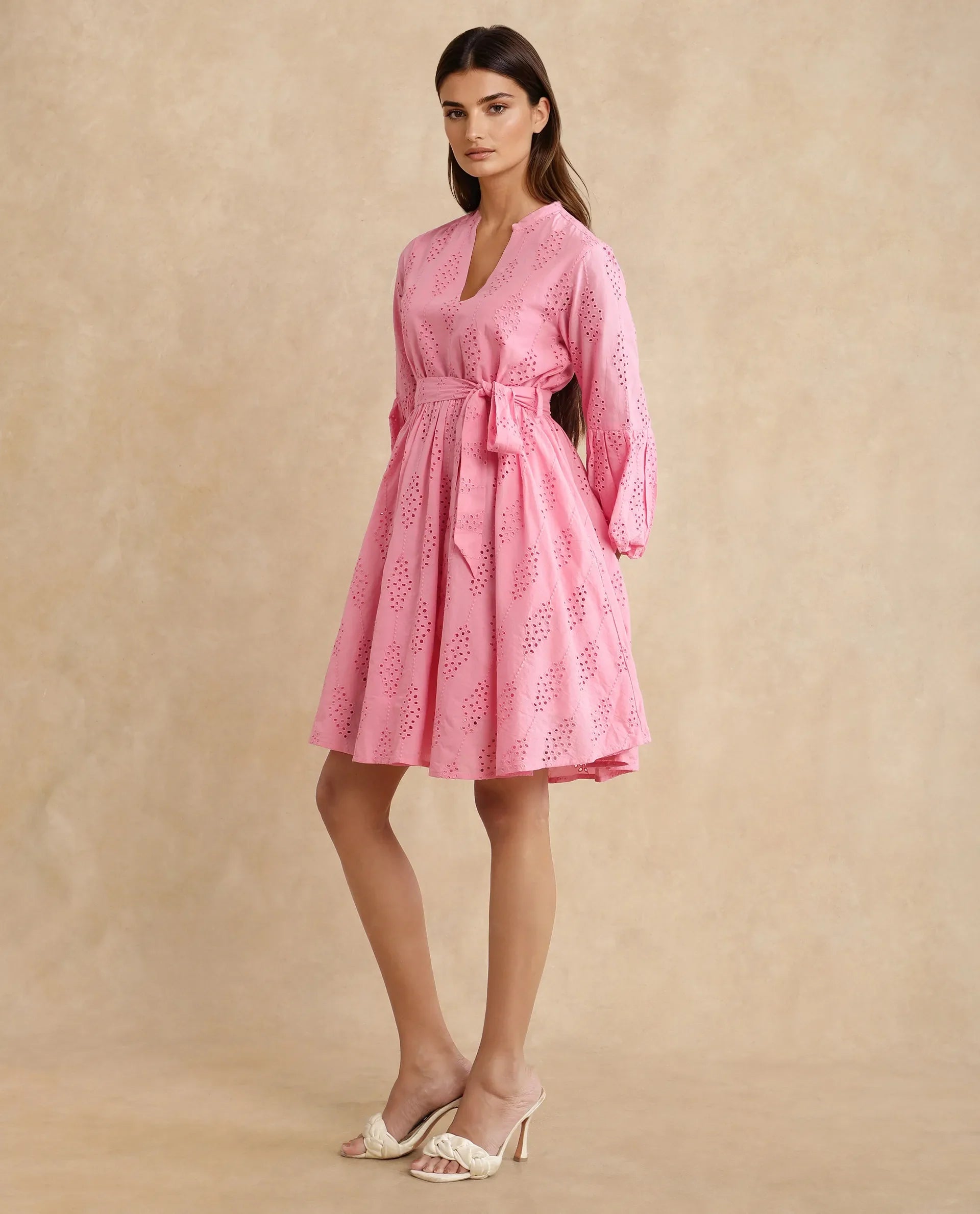 Rareism Women's Somlia Light Pink Cotton V-Neck Schiffli Bishop Sleeve Mini Fit And Flare Dress
